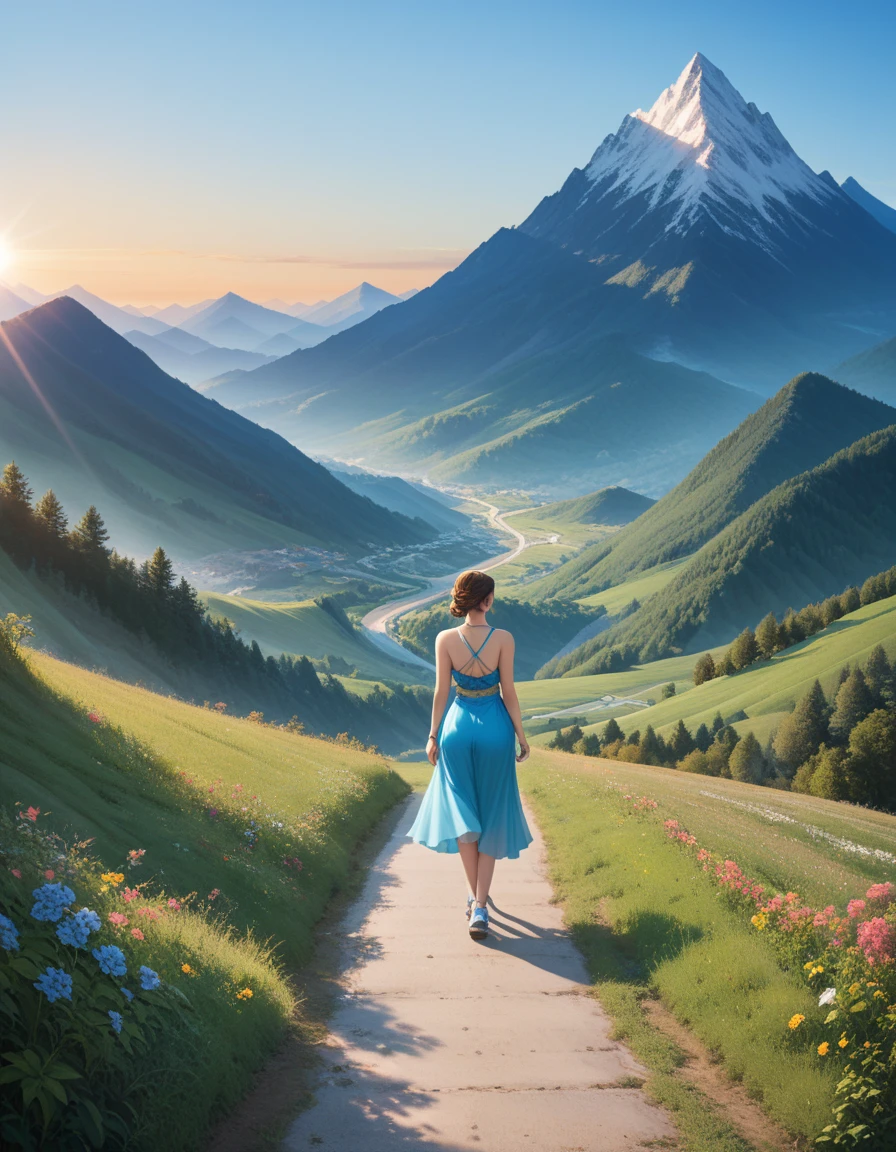 highest quality, masterpiece, Highly detailed background, Majestic Mountain々Back view of a girl walking up a slope leading to, ((Climber style outfit)), A human figure stretching out in the sunlight shining from the mountaintop, Beautiful scenery decorated with earth colors, A hopeful scene, Expressions that make the viewer feel kind, Focus on the landscape and make the portraits smaller..