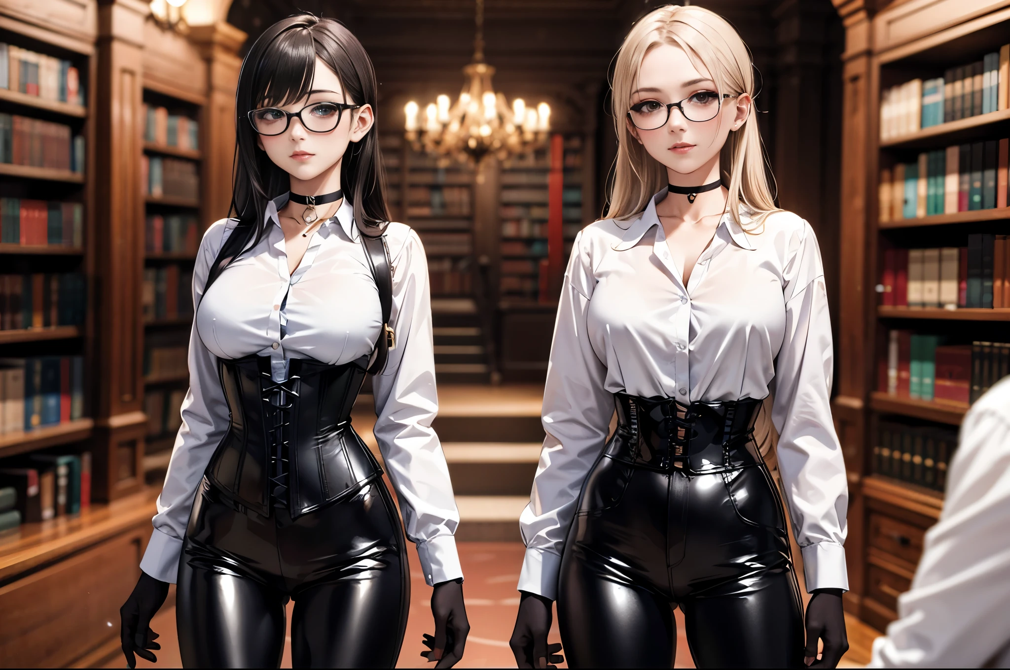 Best quality , ( masterpiece :1.3), ultra-detail, detailed face , (highres:1.1), 2 girls, thin, Big breasts , standing, view from the front, looking at the spectator,, long hair , detailed eyes, brown eyes, wears glasses, choker:1.6, (( white buttoned shirt )), (black leather corset), ( black gloves ), ( shiny black leather pants), elegant library , by day
