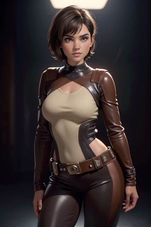 Star Wars ,  short hair , brown eyes, Confident and determined , firm stance,  safe expression,  wears tight brown leather leggings with belt,  Natural lighting,  ultra resolution ,  plain white background , without patterns, No textures.