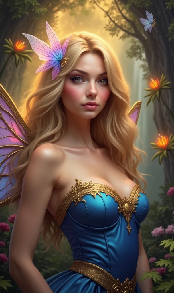 a picture of a jungle fairy, an extraordinary beautiful, elegant beauty, divine beautiful fairy, ((anatomically correct: 1.5)) spread butterfly wings, blue and purple wings, pink eyes, glowing eyes, (ultra detailed face: 1.2), best detailed face,  blond hair, rich hair, wavy hair, glamour dress, wild dress, dress decorated with jungle flowers,  sitting on massive heliconia tree the rain forest, sun rays coming through the trees, Hyperrealism style, vibrant, Ultra-high resolution, High Contrast, (masterpiece:1.5), highest quality, Best aesthetics), best details, best quality, highres, ultra wide angle, 16k, [ultra detailed], masterpiece, best quality, (extremely detailed) RAW, Cinematic Hollywood Film style, FairyTaleAI, fairy wings, digital painting