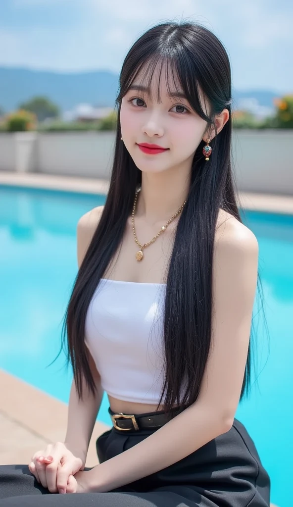 （best qualtiy, 8K, tmasterpiece:1.3)), A pretty maiden，Pure，Melon seed face，gentle and cute，A sweet smile，Pure desire，Thin stature，(frontage)，(Tilt your head)，staring right into camera，uniform, Obi, formal，Black silky long, Straight hair，Long hair flowing over the shoulders，round black big eyes，Clear big eyes，Hydrated red lips，Sweet，Beautiful necklace，Delicate stud earrings，Sit by the pool，with blue sky and white clouds，Blue skies，