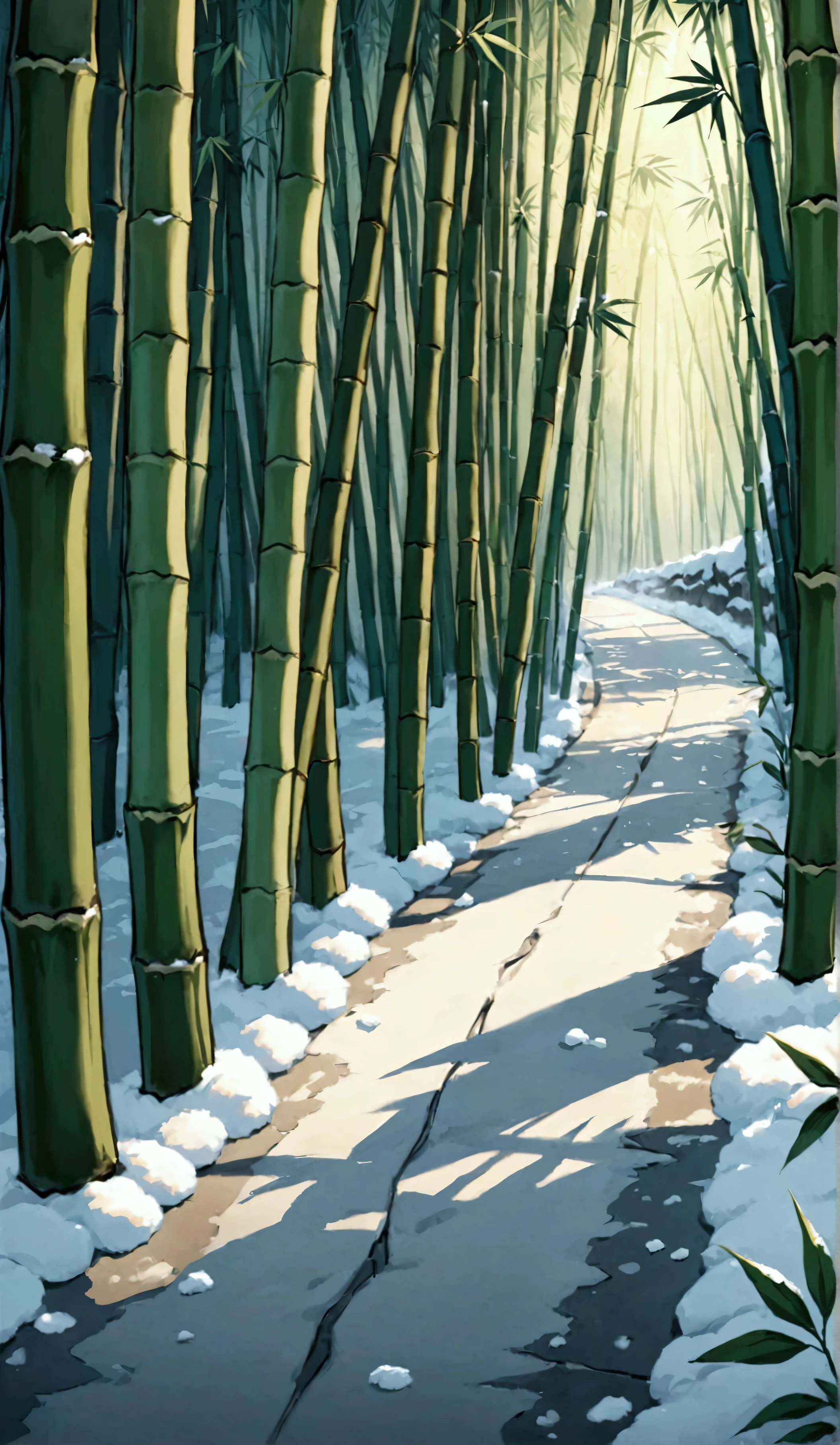 There is snow on the road and bamboo leaves in the bamboo grove