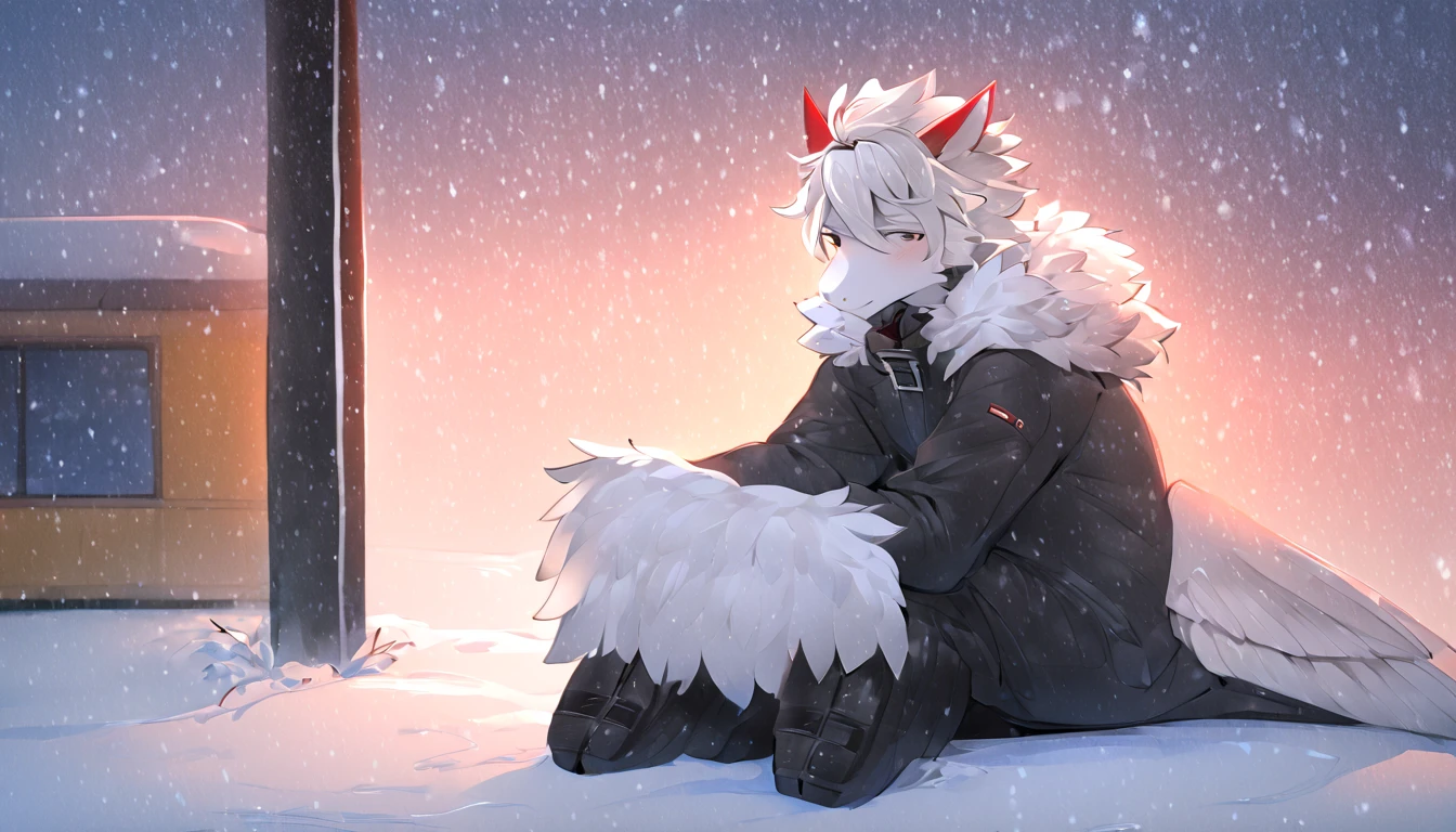 White Dragon Fluffy Red Horned Skinny Femboy Black Winter Suit White All White Cool White Wings White Hair Japanese City Places Snowfall Handsome Fairy Wings Handsome Hairstyle Handsome Face Sitting at Bus Stop Cute Handsome Looking Dragon