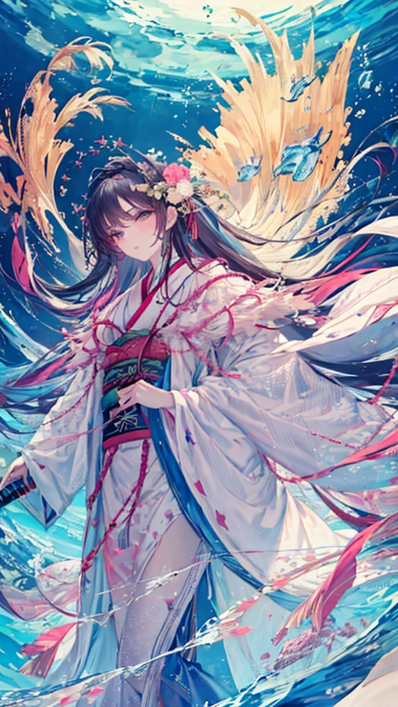  anime girl in kimono costume holding a sword underwater, Nightcore, Japanese Art Styles, Anime Style 4k,  more beautiful than Kira,  flowing magic robe ,  more beautiful than Kira style, Jan J, beautiful Anime Art,  more beautiful than Kira girl, Anime Art, Anime Art wallpaper 4k, Anime Art wallpaper 4 k, palace ， Girl in Hanfu, beautiful Anime Artwork