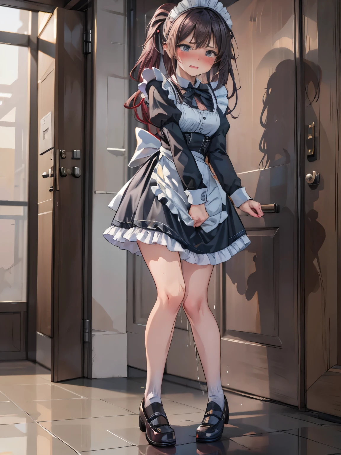 (8K, ultra-detailed, best quality, anatomically perfect body:2), (middle breast:1.2), shiny skin, (1 girl), (have to pee), (urge to pee), (very desperate to pee), girl Waiting line for the restroom, (fidget:2), (transparent peeing, wetting self:0.1), (Victorian maid:1.4), (mary Jane shoes:1.3), (leaning backward:1.3), (shrugs:1.6), (orgasm:1.1), (full face blush:1.7), (embarrassment:1.6), (impatience:1.5), (flustered:1.5), (flowing sweat:0.7), (twist whole body:1.6), (panting), breathless, (Humiliation:1.2), (Erotic feelings), (closed eyes:0.7), (looking away), (tear:1.4), (head tilt:1.2), (closed mouth:0.7), (SIGMA 105 mm F/2.8, 1/100 sec shutter, award-winning), nsfw,