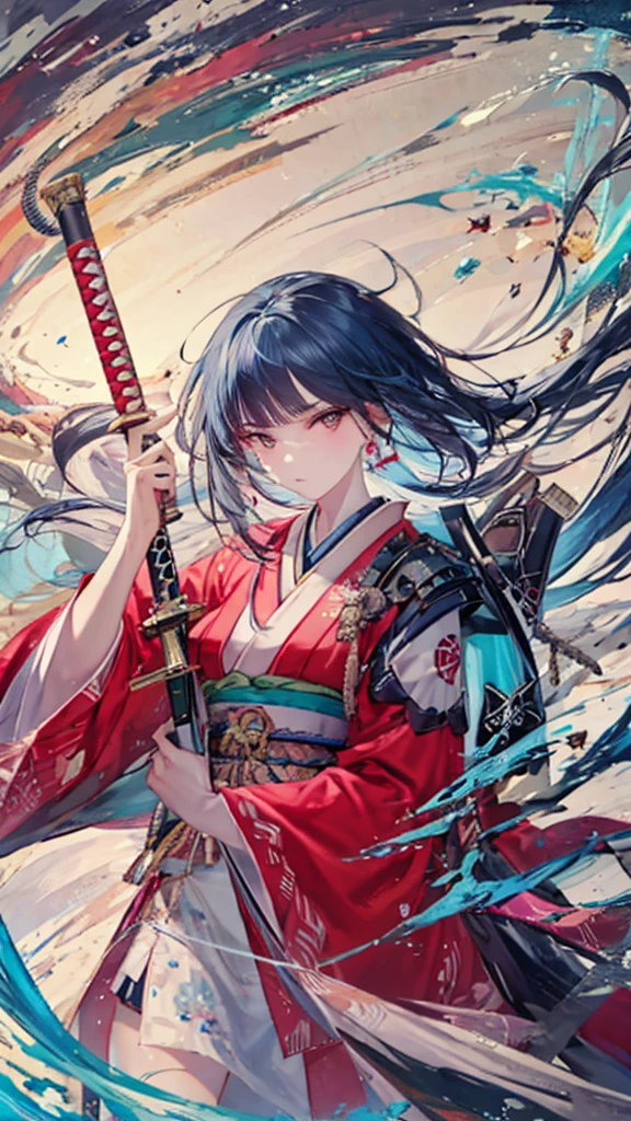 A woman in a kimono dress is holding a sword in the air, artwork in the style of Gwaiz, Gwaiz, Gwaiz masterpiece, By Han Kang, Jan J,  Very Pretty Psy Bar Punk Samurai , Artgerm and Atey Ghailan, Lost draw 1. 0, from arknights, rossdraws sakimimichan, Raymond Han