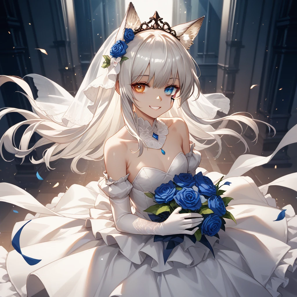  Lappland_arknights, ****, Wolf_lady, white_Hair, heterochromia, left_Red_eye, white_right_eye, scar_in_the_middle_of_the_left_eye, wedding_dress, Euphoric evil smile face, bloodborn_style, complete falling in Darkness black hole with fire particles scenario.
