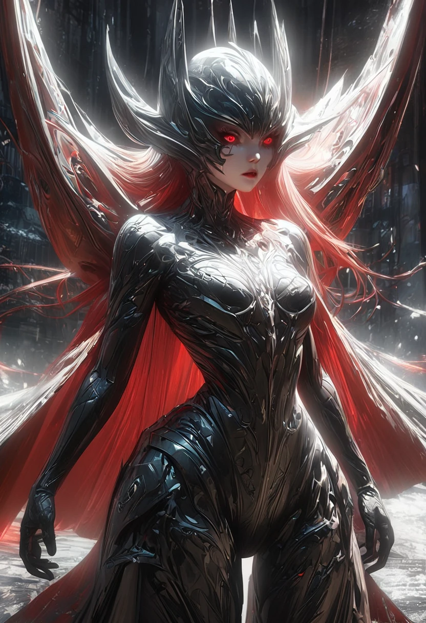 black,chiaroscuro, Ray tracing, movie lighting, cowboy shooting, 8K, Yes, Super details, precise, best quality, Award-winning, Award-winning, A High resolution, masterpiece, high detail,guweiz on artstation pixiv, Popular topics on artstation pixiv, 详细的number概念艺术, author:Yang Jie, 2. 5D CGI anime fantasy artwork,ultra high definition,8K ,Realistic skin texture,chiaroscuro, Ray tracing, movie lighting, 8K, Yes, Super details, precise, best quality, Award-winning, Award-winning, A High resolution, masterpiece, high detail,in the snow,Clear,masterpiece, best quality, 8K, number, 1 girl, alone, stand up, hair accessories, Red eyes, Heartless expression, Bloodstained mechanical parts, electric wire, cable, failure effect, scary, Science fiction, futuristic, The background is darker inside, neon lights, cyberpunk characters, surreal, Strange, Disturbing, spine-chilling, scary, western metal,Red eyes,发black,black色長手套,Rompers,leggings,Highlight her graceful figure,将整个身体包裹stand up,symbiont,((Raised sexy)),One-piece Pants,Red eyes,Venom Possession,发black,black色長手套,Rompers,black色一件,Blood-red eyes,best quality, High resolution, super detailed, Vivid texture, mask, Bangs,wear socks,tears,被black色粘液覆盖