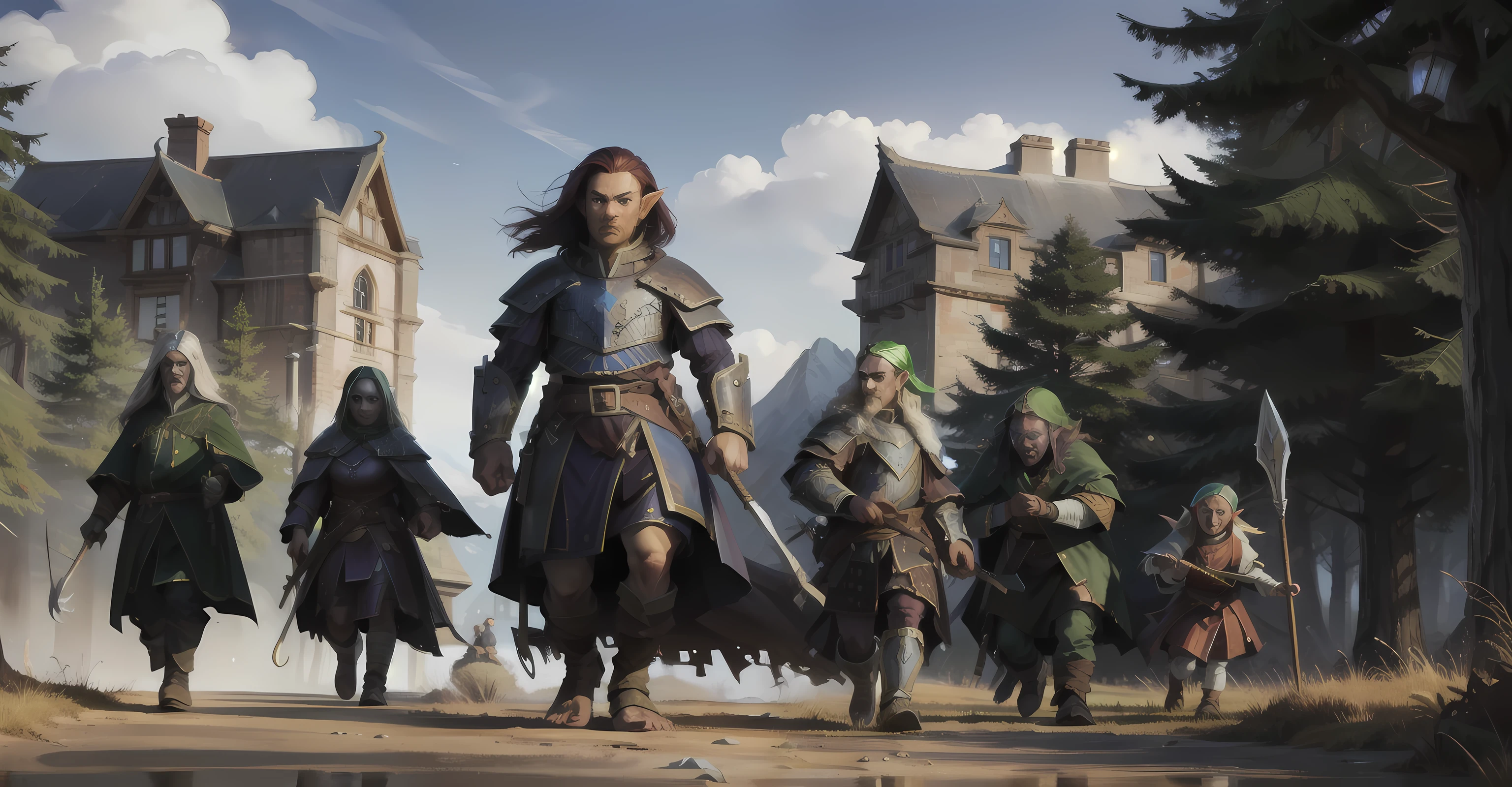 classes de RPG, several guilds combined ,  and several mixed classes , Warrior, mago, Archer, A gnome, Dwarfs with burgundy hair ,  and giant blonde gabelo ,  elf woman of African descent and an Asian human, , in a city environment,  with a large forest on the horizon, medieval