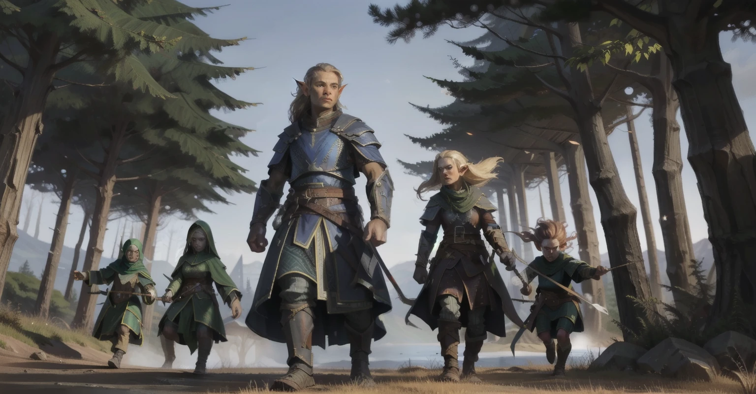 classes de RPG, several guilds combined ,  and several mixed classes , Warrior, mago, Archer, A gnome, Dwarfs with burgundy hair ,  and giant blonde gabelo ,  elf woman of African descent and an Asian human, , in a city environment,  with a large forest on the horizon, medieval