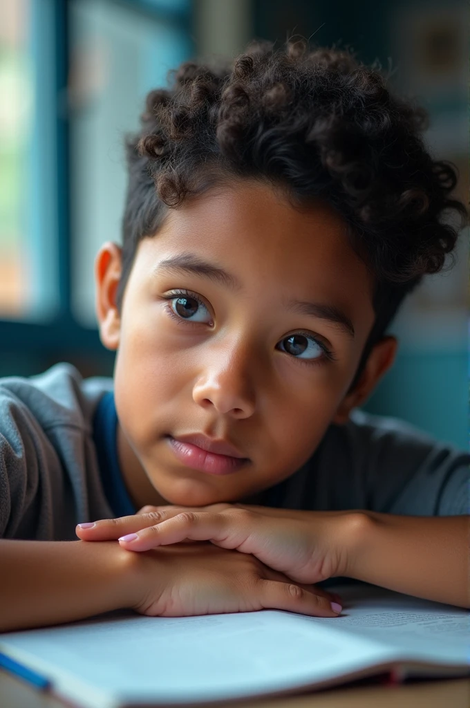 Imagem de um menino com pele clara, cabelos claros e lisos, 8 anos de idade, Paints under the eyebrow he loves sports and video games