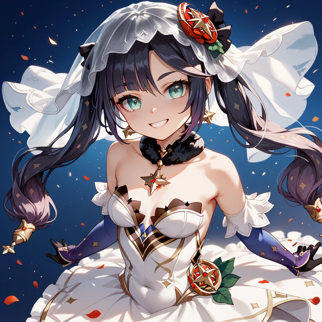  mona_(genshin_impact), ****, wedding_dress, Euphoric evil smile face, bloodborn_style, complete falling in Darkness black hole with fire particles scenario.
