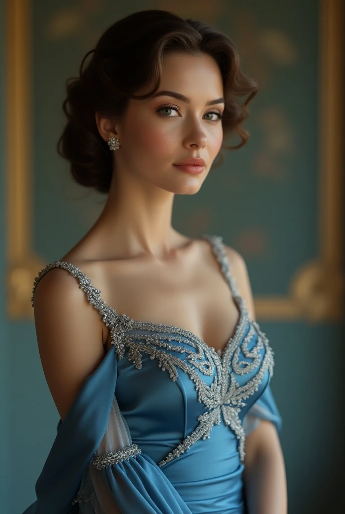 I would like to create a princess with a crown and a blue dress, be middle age face like a goddess

