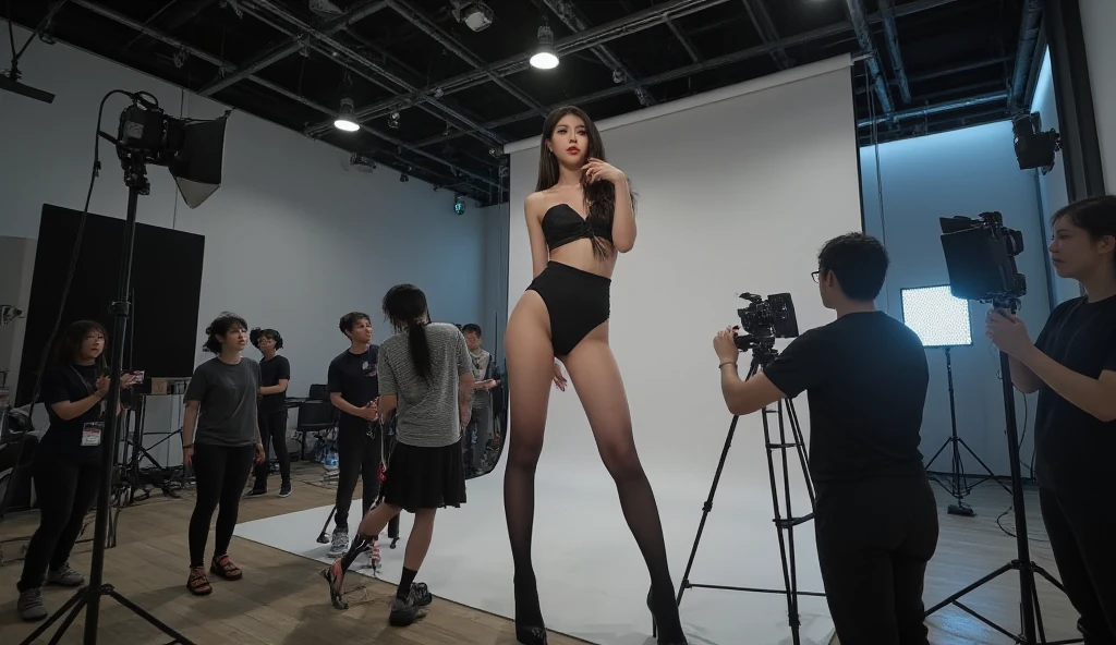 wide-angle photoshoot scene, a giant Chinese female celebrity striking sexy poses in a professional studio setup, towering over the set, wearing an JK outfit with high heels, her perfect facial features glowing under the studio lights, slim body with long, black-stocking-clad legs elegantly positioned -- her pose exudes confidence and sensuality, with one leg slightly bent, hips accentuated, and her hand resting seductively on her waist or lightly touching her face -- numerous tiny photographers, lighting technicians, and crew members scattered around the studio, some standing on tall ladders or suspended platforms to apply makeup near the giantess's face -- a makeup artist is on an elevated platform, carefully applying makeup near her seductive expression, while others adjust her hair and outfit -- dramatic contrast in scale, with the giantess dwang everything around her, her pose dominating the scene -- professional lighting setups, cameras, and equipment scattered across the studio, adding to the luxurious, high-fashion atmosphere -- detailed, realistic lighting and shadows, emphasizing the scale difference and the glamorous, sexy vibe -- the giantess's confidence and allure are the central focus, with tiny crew members swarming around her, attending to her makeup, hair, and styling -- cinematic composition, wide-angle perspective with more environment visible, high-fashion, sleek, modern, and seductive -- sharp, photorealistic, and immersive visual