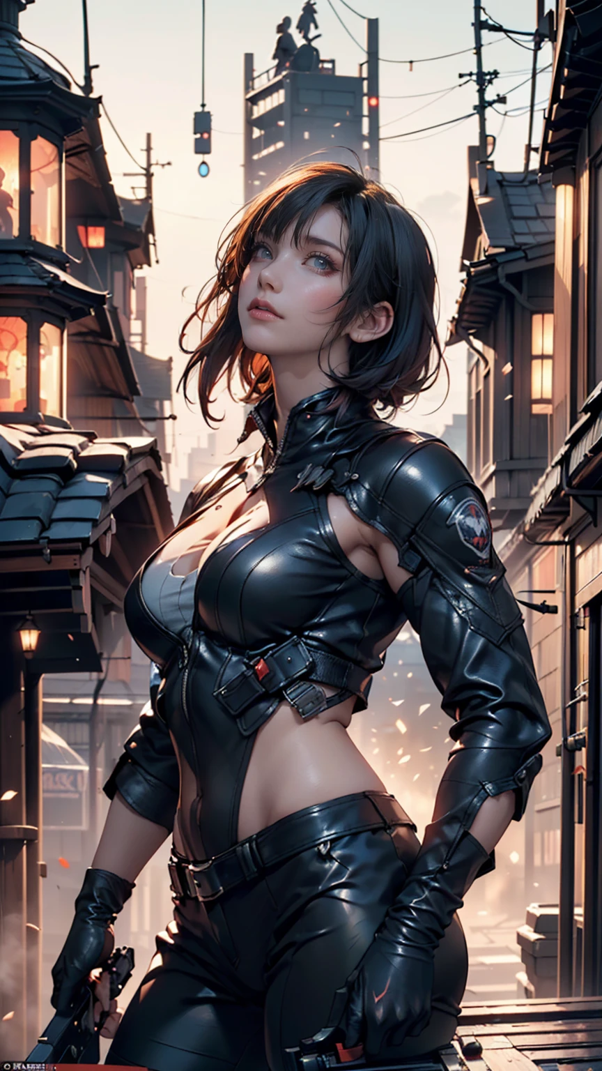 (masterpiece:1.2,Best Quality,Super detailed, strong backlight:1.3, silhouette:1.45),, , //  characters, 1 Solo Female Mercenary, Ghost in the Shell Motoko Kusanagi ,One of his eyes is glowing red:1.2,Expression: Murderous expression,Overlooking the city.Black leather tight suit:1.2, Holding a large anti-tank rifle ( Winchester Williams holding a heavy anti-tank rifle .50), Standing Pose ,(Looking up angle:1.35), , //background, in Rooftop of a building at night background:1.2,,8k, Unreal Engine 5 .Unity.Octanellender