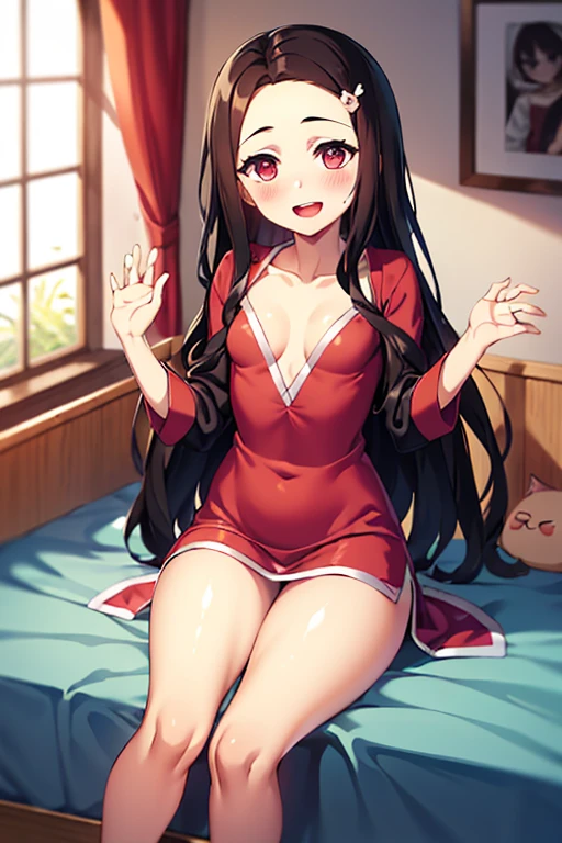 _asura style, 1girl, yor_briar, black_hair, red_eyes, breasts, thighhighs, sweater, looking_at_viewer, red_sweater, solo, blush, long_hair, sweater_dress, smile, off-shoulder_sweater, hairband, large_breasts, open_mouth, off_shoulder, indoors, bangs, dress, white_hairband, bare_shoulders, black_thighhighs, blurry_background, blurry, :d, long_sleeves, collarbone, pov, thighs, sidelocks, zettai_ryouiki