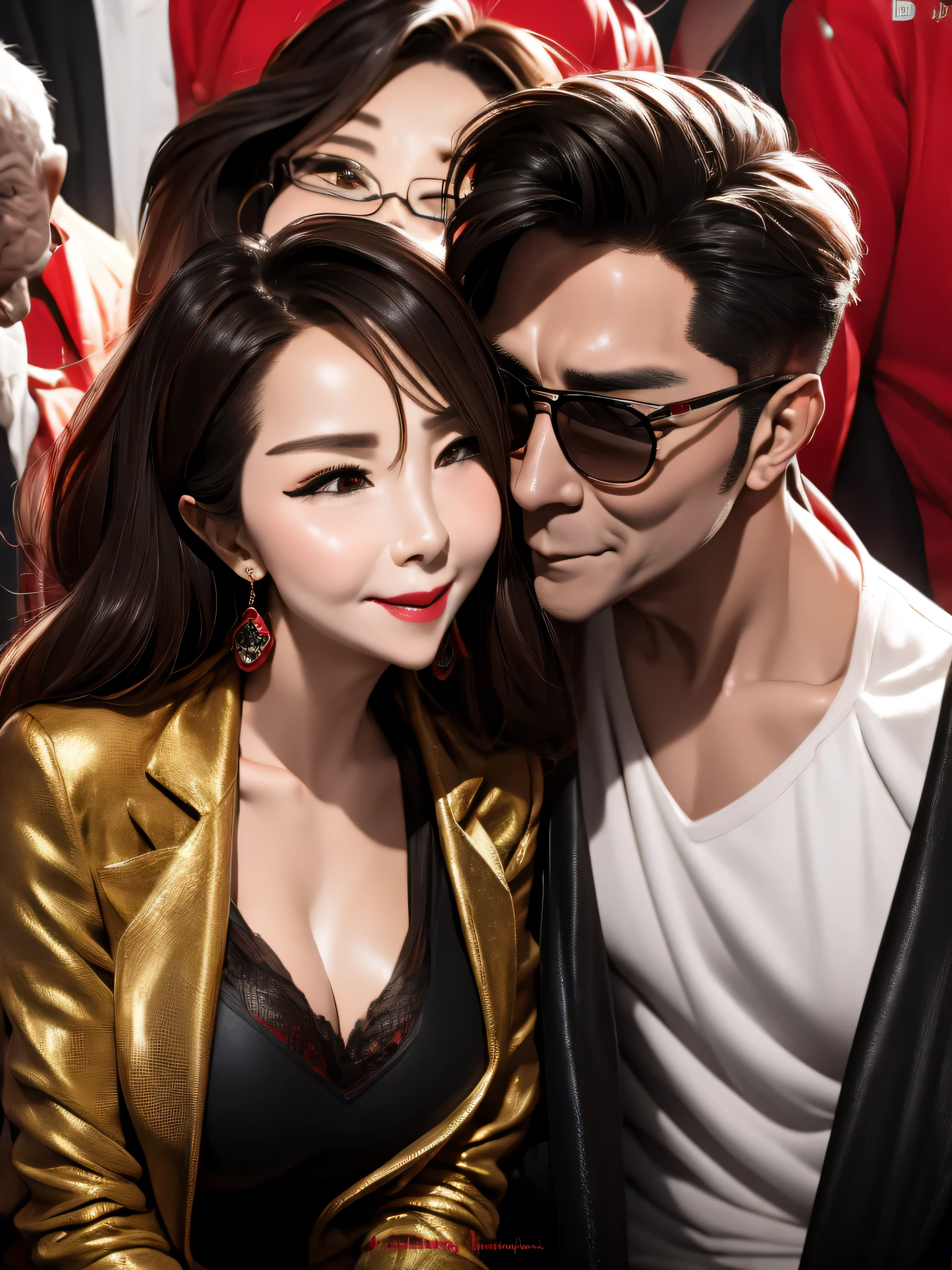 A beautiful office lady wearing a sexy uniform and an old man are making out in a crowded bar, UHD, masterpiece, textured skin, super detail, best quality, 8k.