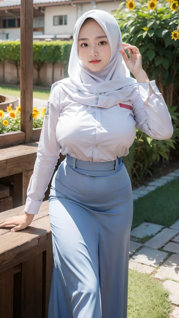 beautiful Indonesian High school girl , (white hijab), young, seragamsmahijab, school, full body ,realistic, photorealistic, photo-realistic:1.37, (best quality,8k,highres,masterpiece:1.2),ultra-detailed,HDR,UHD,studio lighting,extreme detail description,professional,vivid colors, big breasts,fat body's, in sun flowers garden background,