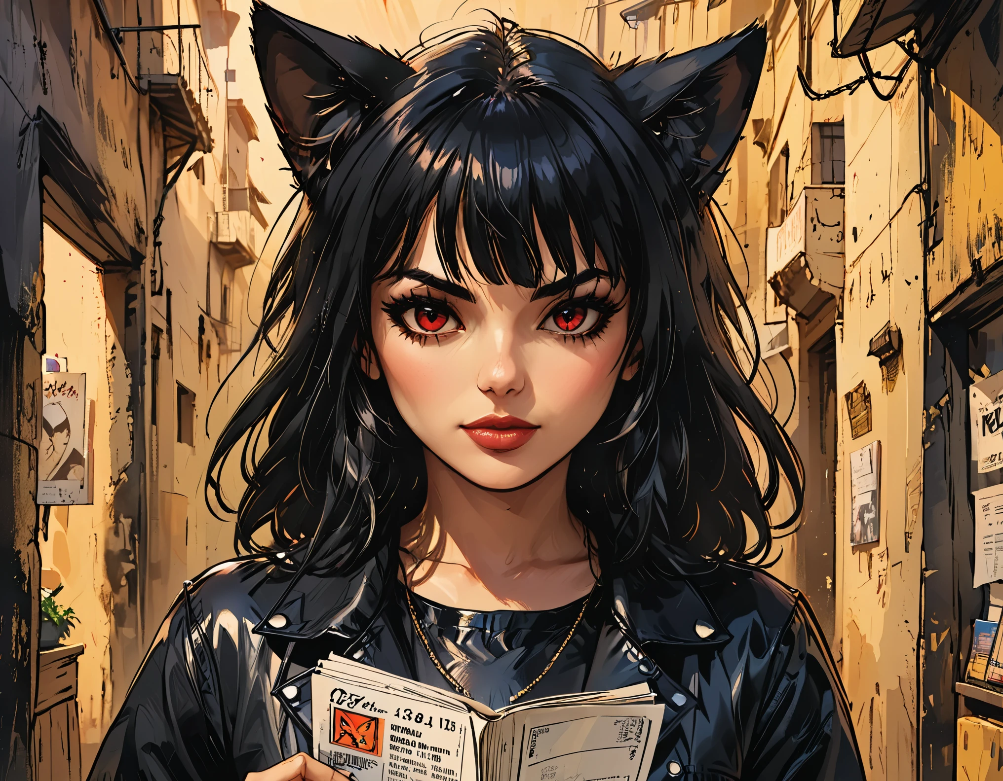 tarjeta de crédito dorada  close en un guante negro en la mano de una mujer black hair, fringe, cat ears, red eyes, receipt , macro,  close,  graphic style comic book , 2d, 8K, hyperrealism, masterpiece,  High resolution,  Best quality ,  pompous skirt,  super realistic ,  hyperrealistic art, High-quality, ultra  High resolution,  more detailed, Many details, Detalles de extremadamente  High resolution, Incredibly realistic, showy,  soft cinematic light ,