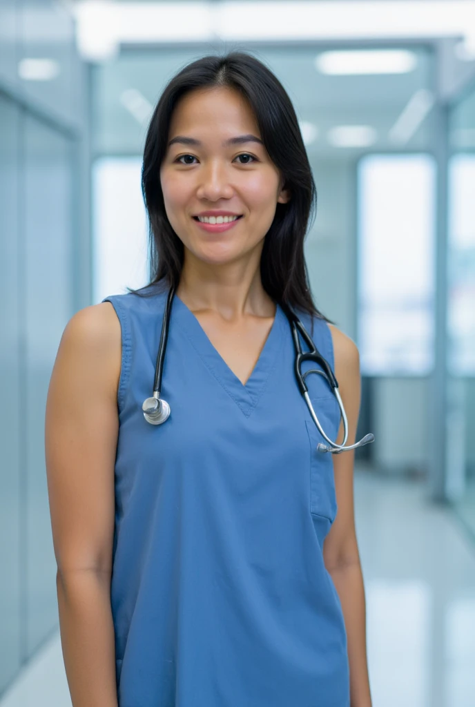 Beautiful 30 year old athletic attractive female asian nurse wearing sleeveless top taking a break in hospital. Toned arms. Smiling