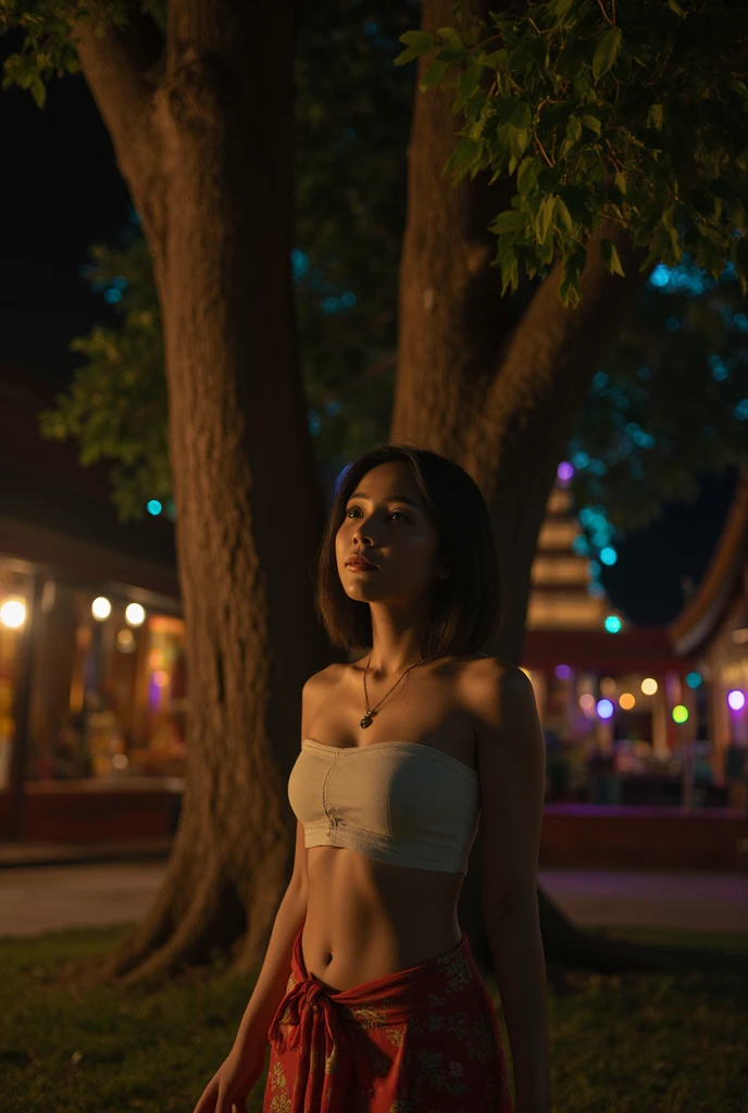 A half-body portrait of a young Thai woman in traditional Thai clothing, standing under a large tree in an ancient Thai temple at night. She has short black hair and is gazing upward with a serene expression as warm, soft lighting gently illuminates her face. The background is dark with colorful bokeh lights creating a dreamy, ethereal effect. The scene captures the mystique and beauty of a historic temple, with intricate architectural details subtly visible in the shadows. The atmosphere feels both tranquil and magical, accentuated by the glow from temple lights filtering through the tree branches.