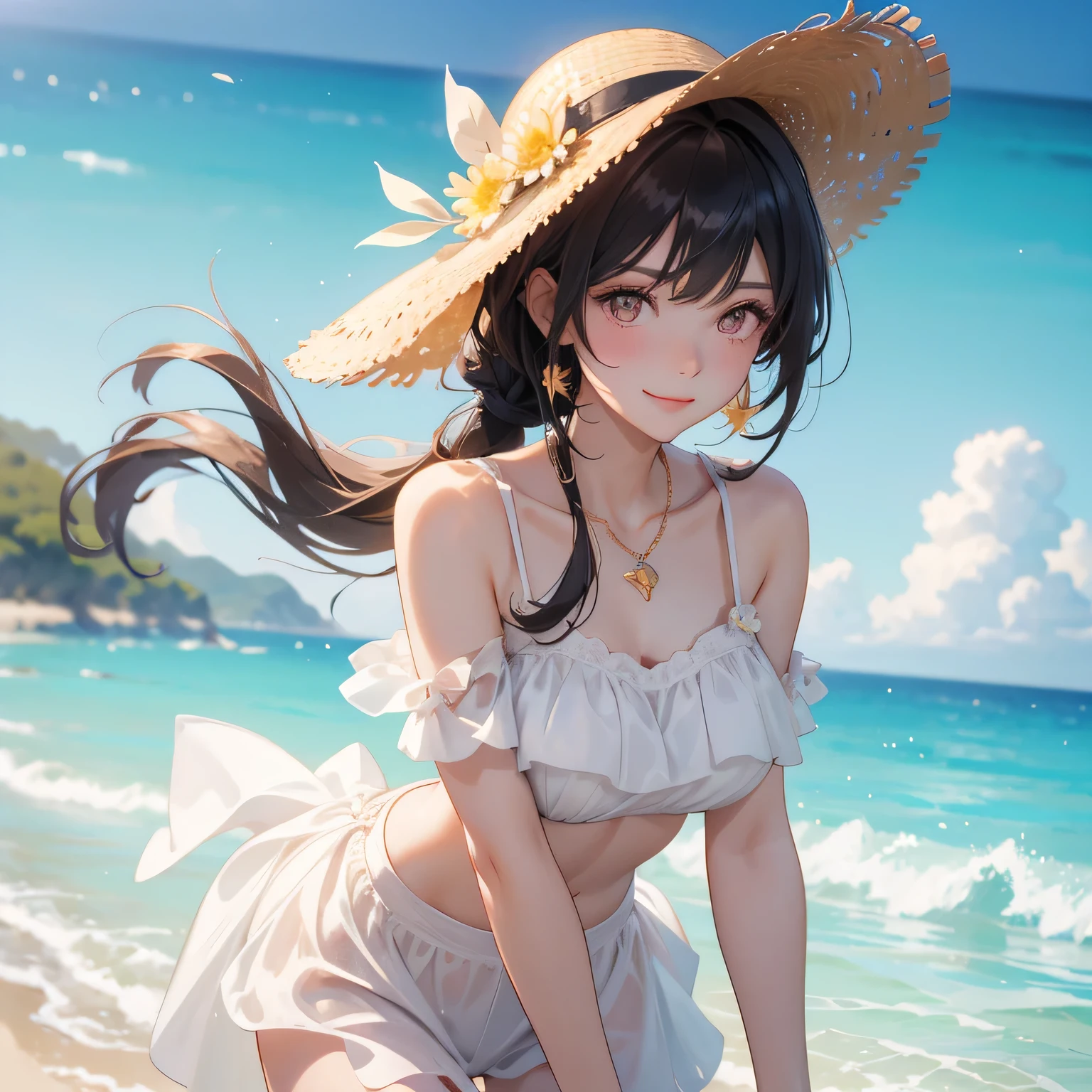 ((((absurdres, RAW photo, extremely delicate and beautiful, masterpiece, Best Quality, ultra high resolution, 32k, hyperrealistic, ultra-detailed)))), in her 20s, very Slim body, narrow waist, very small head, very small face, delicate facial features, beautiful face, beautiful eyes, ((very huge round tits)), medium hair, black hair, wavy hair, tearful mole, earring, ((full body shot)), casual, blouse, white shirt, buttoned shirt, bare shoulders, collarbone, midriff, navel, shorts, straw hat,
