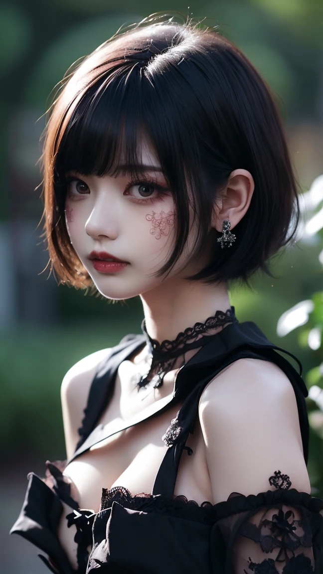 Surreal、Delicate and detailed line drawingasterpiece、highest quality、Highest quality、One Woman、(Black Hair、Hime cut, Long Hair:1.2)、Natural Makeup、Eyelash extensions、Sharply draw eyelashes、Eyebrows are thin and short、Deep orange blush、Grinning, showing some teeth、A little red cheeks、16-year-old female、Dark Rose Garden、Purple roses、(Black simple hair accessory、A gothic dress with a revealing chest:1.3)、(Blur the background:1.3)、(The subject is viewed from above:1.1)