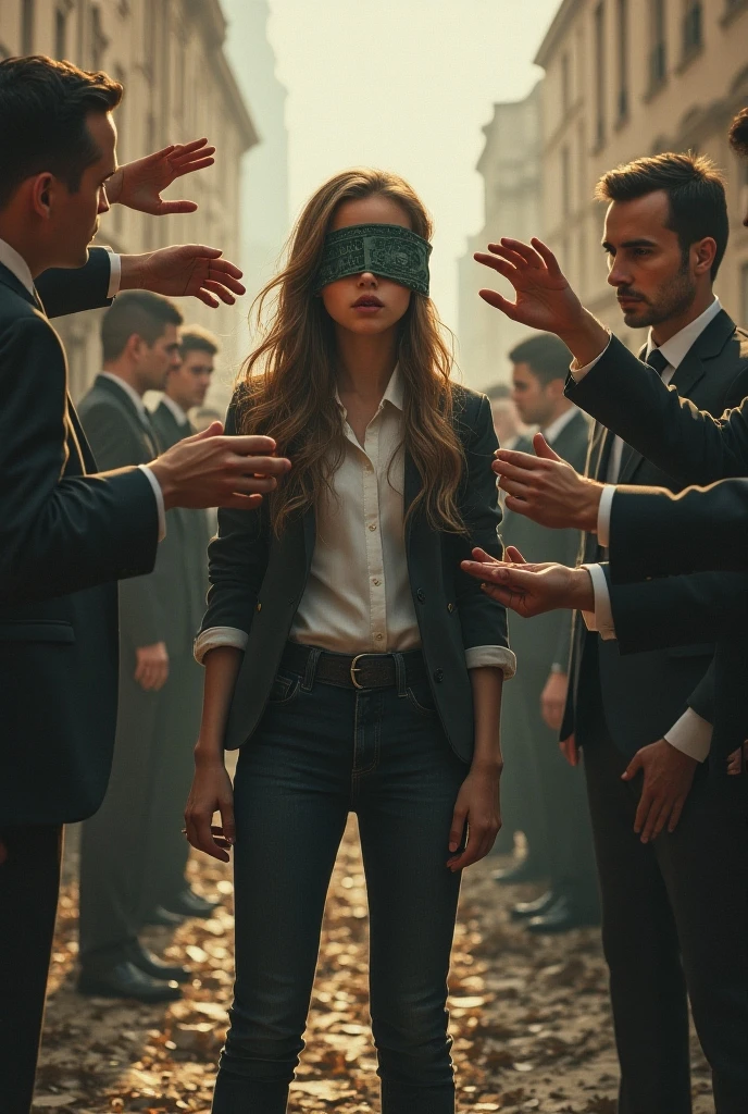 3 famme qui porte des gants qui porte une cagoules et qui kidape une famme les yeux bandes et attaché à dans une banque