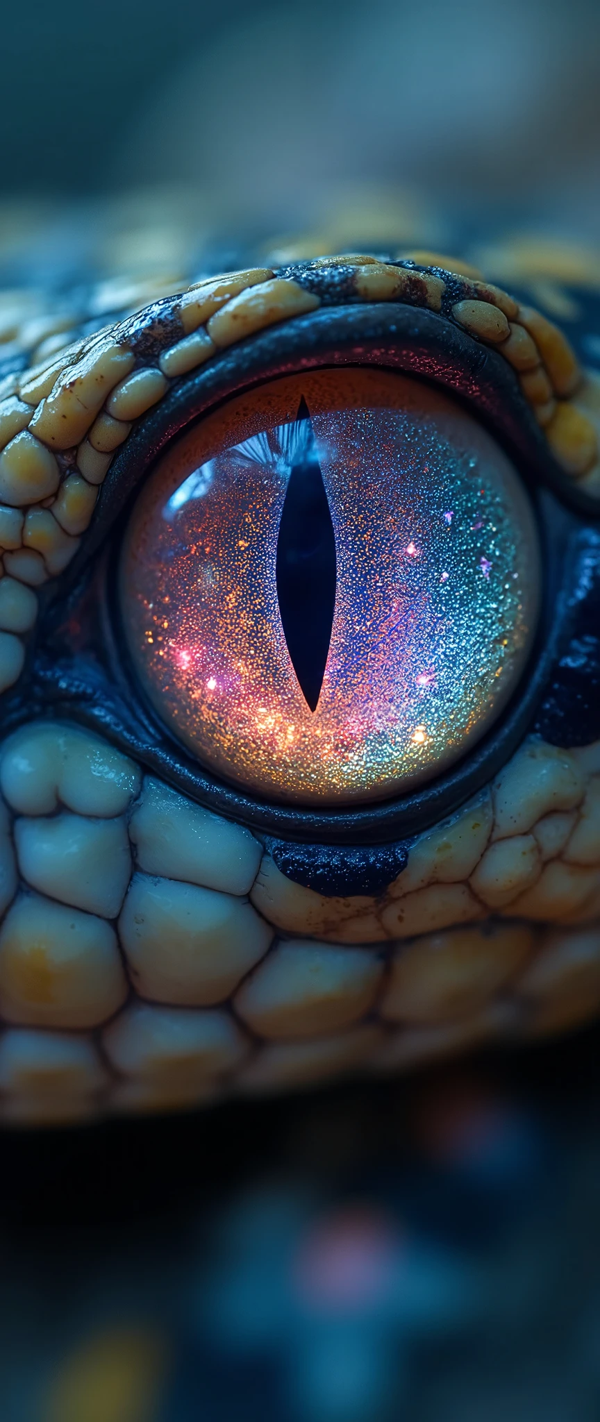 close-up of a beautiful snake eye\( beautiful, cosmic-colored, shining, big eye, glowing, reflection of beautiful colorful lights\). very beautiful long soft eyelashes.,very carefully described. very high resolution photo. Great focus. great bokeh. the most beautiful photo in the world.great camera work,dynamic camera work,great angle,very beautiful lighting.