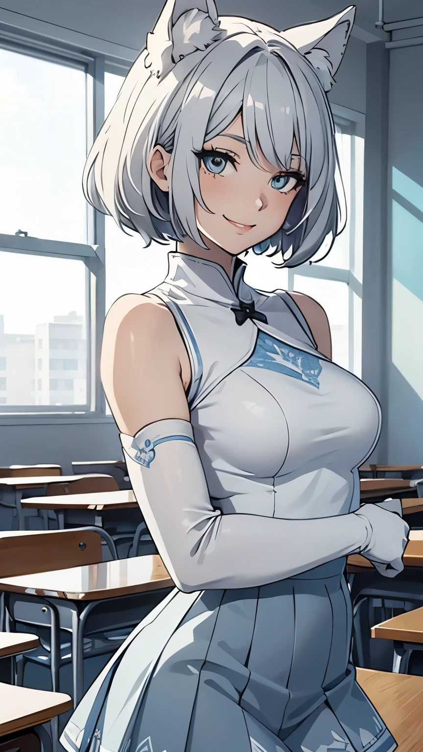 table top High level image quality best image quality 8K Seductive adult woman whole body portrait pure white long gloves(elbow gloves) pure white pantyhose sailor suit(sleeveless) navy blue mini skirt(I can see your pants) white wolf ears short hair((shortcut)(gray hair)(perm)(fluffy)) eye color is blue attractive face((laughter)(smile)(open your mouth)) sleep (large breast's) (open top clothing)