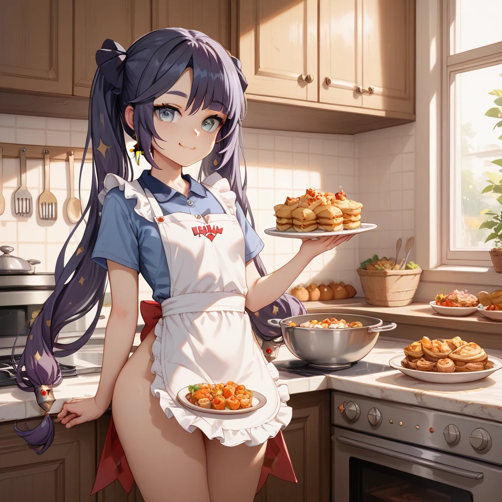  mona_(genshin_impact), bangs, ****, aged down, apron only, front, kitchen, preparing food, delicious food, uncensored, small boobs, small hips, little smile.