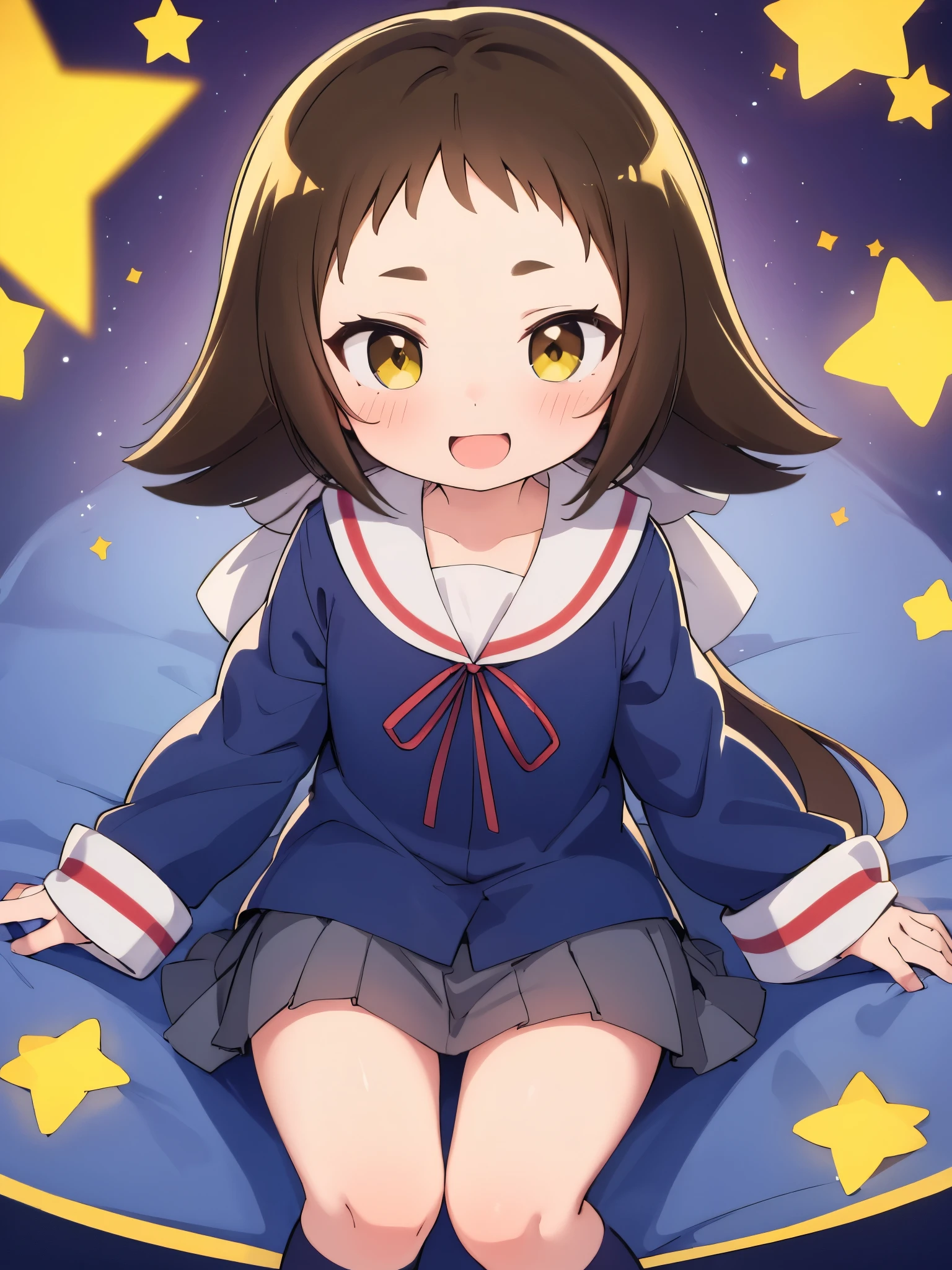 (((((**** face))))),(((((Mimine Mashiro))))),(((((Unconfirmed and ongoing))))),(((Star pattern background))),(((many spoken heart))),((( ponytails))),((( smaller))),((( is embarrassing))),(((((blush))))),((( yellow eyes))),((((( elementary school students))))),((((( super mini skirt ))))),(((((whole body))))),(((((Navy blue uniform))))),((((( is short))))),((( white skin))), panties visible ,((((( s体型))))),(((((Thighs))))),((((( s))))),( chibi),(Best Quality),masterpiece,Best Quality, Hi-Res, very detailed,ultra  Hi-Res,One person, I feel the audience ,Detailed costume, skin texture, Movie Lighting, professional lighting with falling leaves,((((( s))))), white panties,( flat chest),(a bit),cute,(((smile))),(((Brown Hair))),sleeves past wrists, characters with open mouth ,fang, sitting