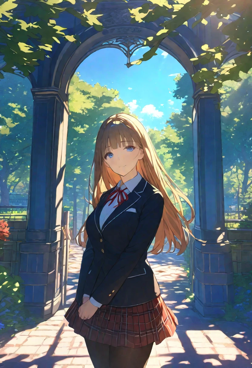 Nsfw, Masterpiece, hdr, bloom, 4k, Anime-style illustration featuring a beautiful female student, medium-lenth straight hair od warm brown, stlyed with blunt bangs that frame her face, she has a gentle, soft expression with large, slightly downturned eyes, giving her a calming and approachable aura, large breast, She is wearing a formal school uniform consisting of a black blazer, white shirt, red neck ribbon, red plaid skirt, and black pantyhose. reflecting her reserved but comforting personality, The background is a serene school courtyard during a sunny day, with trees, a blue sky, and soft sunlight filtering through, creating a peaceful and bright atmosphere. The style is detailed and vibrant, evoking a classic anime scene, cowboy shot, looking at viewer, smiling 