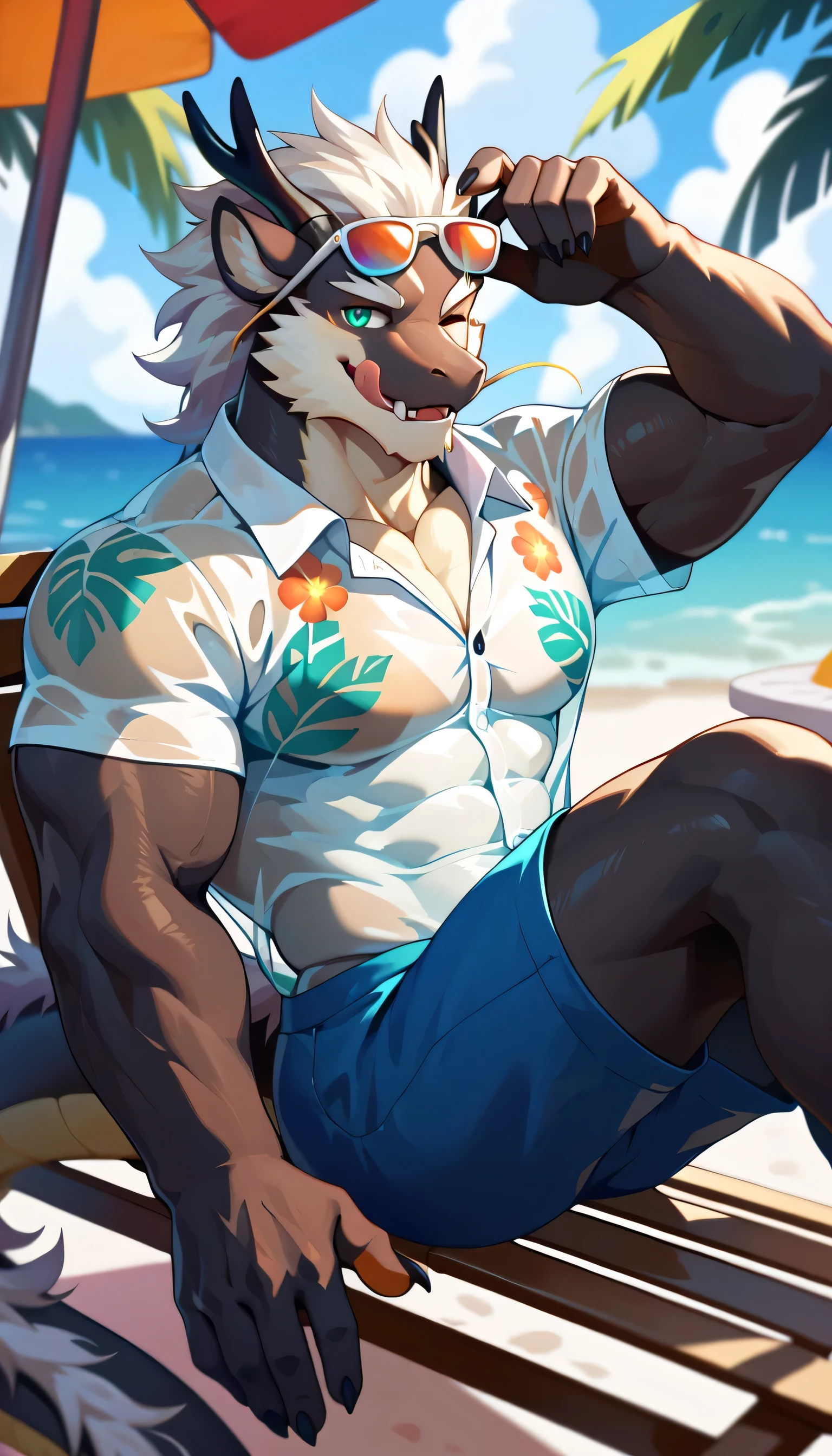 A hulking arcanine with green eyes is smiling and wagging his tail while wearing red shorts and sun glasses is at the beach