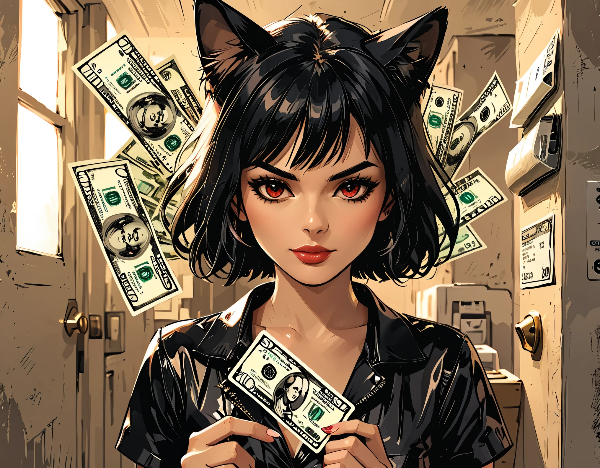 (((( gold credit card, credit card , Dollar bills))  in a woman's hand )), black hair, fringe, cat ears, red eyes, receipt , macro,  close,  graphic style comic book , 2d, 8K, hyperrealism, masterpiece,  High resolution,  Best quality ,  pompous skirt,  super realistic ,  hyperrealistic art, High-quality, ultra  High resolution,  more detailed, Many details, Detalles de extremadamente  High resolution, Incredibly realistic, showy,  soft cinematic light ,