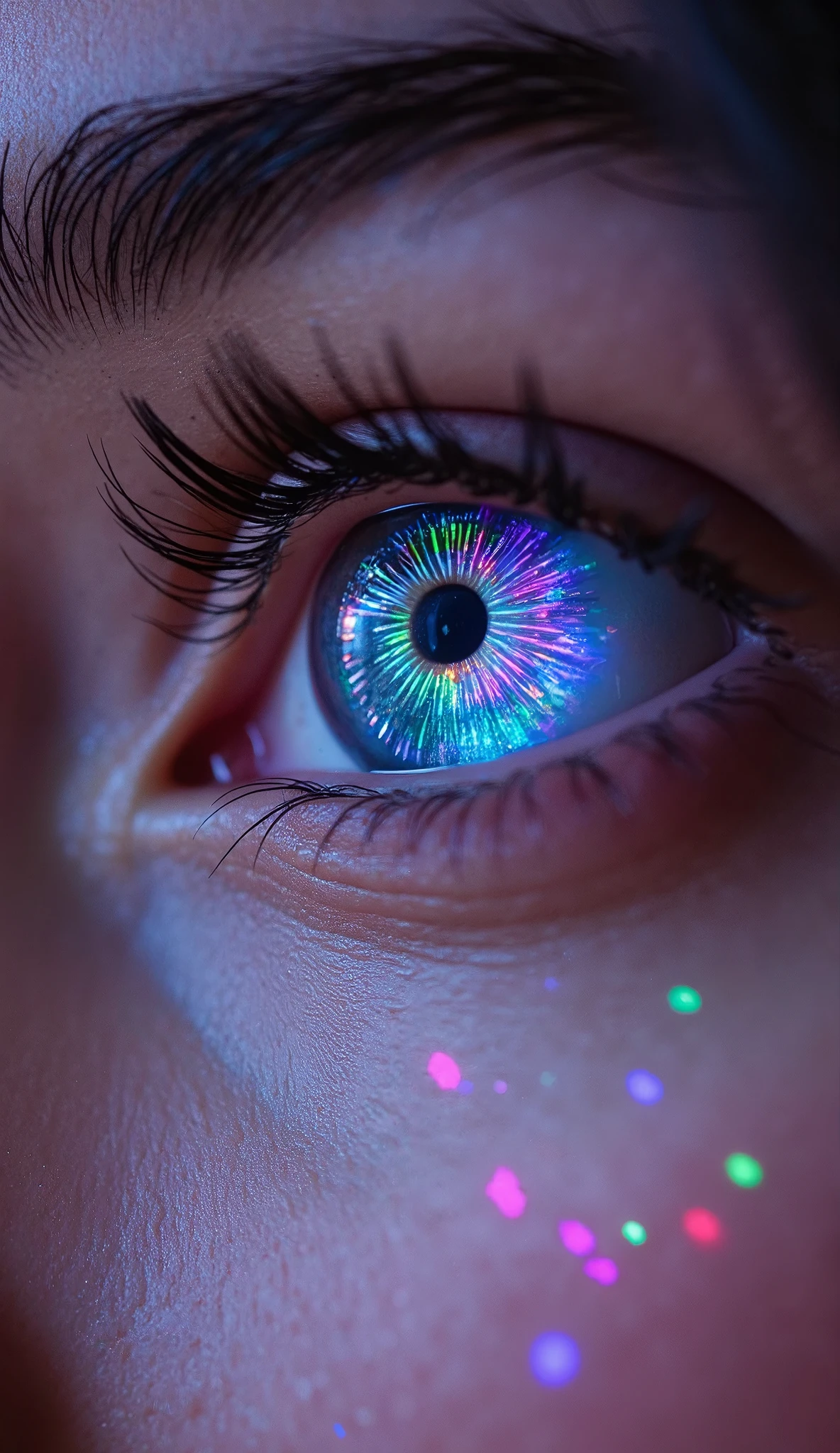 close-up of a beautiful eye\( beautiful, cosmic-colored, shining, big eye, glowing, reflection of beautiful colorful lights\). very beautiful smooth skin, very beautiful long eyelashes, very soft beautifully shining long delicate hair,very carefully described. very high resolution photo. Great focus. great bokeh. the most beautiful photo in the world.great camera work,dynamic camera work,great angle,very beautiful lighting.