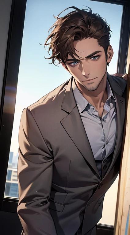 (best quality,4k,8k,highres,masterpiece:1.2),ultra-detailed,(realistic,photorealistic,photo-realistic:1.37),1 man,31 years old,mature man,very handsome,without expression,smile,short grey black hair,blue eyes,penetrating gaze,perfect face without errors,imposing posture,businessman,office background,cinematic lighting,hdr image