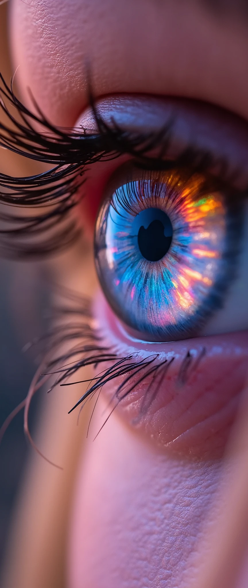 close-up of a beautiful eye\( beautiful, cosmic-colored, shining, big eye, glowing, reflection of beautiful colorful lights\). very beautiful smooth skin, very beautiful long eyelashes, very soft beautifully shining long delicate hair,very carefully described. very high resolution photo. Great focus. great bokeh. the most beautiful photo in the world.great camera work,dynamic camera work,great angle,very beautiful lighting.