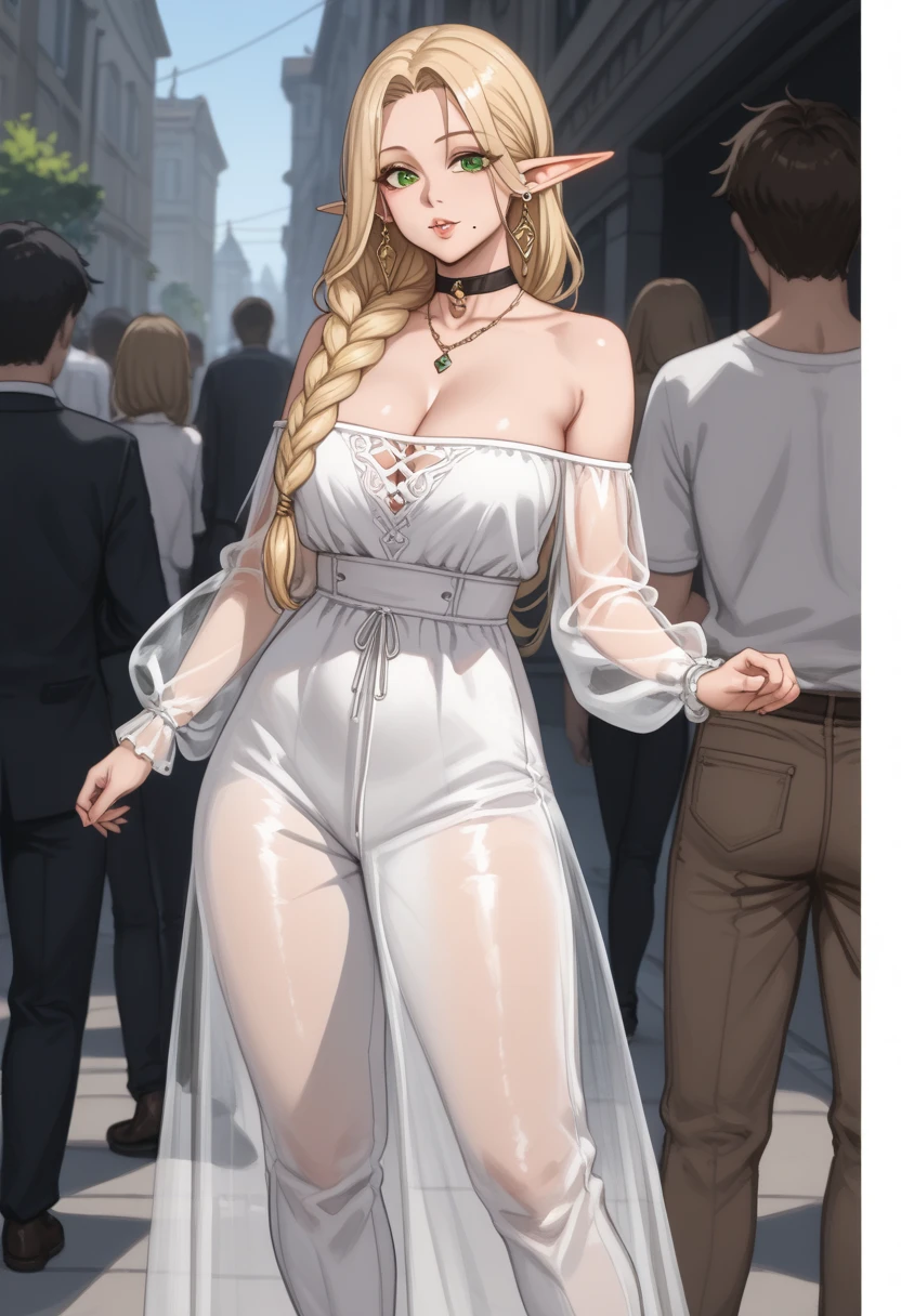 a drawing of a woman wearing oversized elf pants and top with long blonde hair, 1girl, breasts, elf, pointy ears, mole, blonde hair, braid, jewelry, mole under mouth, long hair, green eyes, earrings, choker, cleavage, huge breasts,Bustiers Vintage,The image shows a woman with light skin and long blonde hair. Her hair is braided and falls down her back. She wears a white dress with a brown bodice, a black band around her neck, and brown pants. She has pointed ears and wears red beaded earrings. His eyes are green and he has a pleasant and confident expression. The woman stands with her shoulders back and her feet slightly apart. She gives the impression of being strong and self-confident. ,best quality,masterpiece,leather pants, sketch , white blouse, looking viewer,((lora:see-thrOugh:1.5))_((transparent_outfit:1))_((_covered·niples_:#)),metal owl