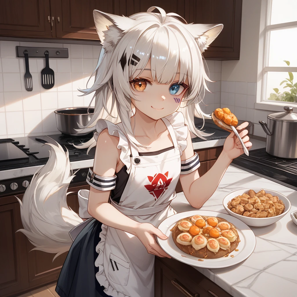  Lappland_arknights, ****, Wolf_lady, white_Hair, heterochromia, left_Red_eye, white_right_eye, scar_in_the_middle_of_the_left_eye, bangs, ****, aged down, apron only, front, kitchen, preparing food, delicious food, uncensored, small boobs, small hips, little smile.