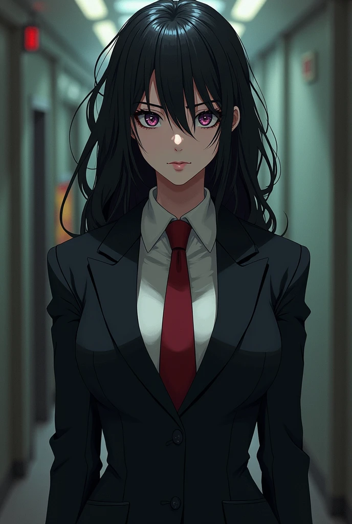 professional artwork, Intricate Details, field of view, sharp focus, detailed painting, photorealistic lighting, trending on pixiv,(masterpiece:1.0),(best_quality:1.0), ultra high res, ultra-detailed, photography, 8K, HDR, highres, absurdres:1.2, Kodak portra 400, film grain, sharp focus, bokeh:1.2, lens flare, (vibrant_color:1.2), (indoors, hospital), Annerose, 1girl, female mature, ((long hair, black hair:1.4)), (yellow eyes), large breasts, ((formal white doctor outfit:1.4)), soft skin, hair intakes, (solo:1.4), (upper body, half body shot),