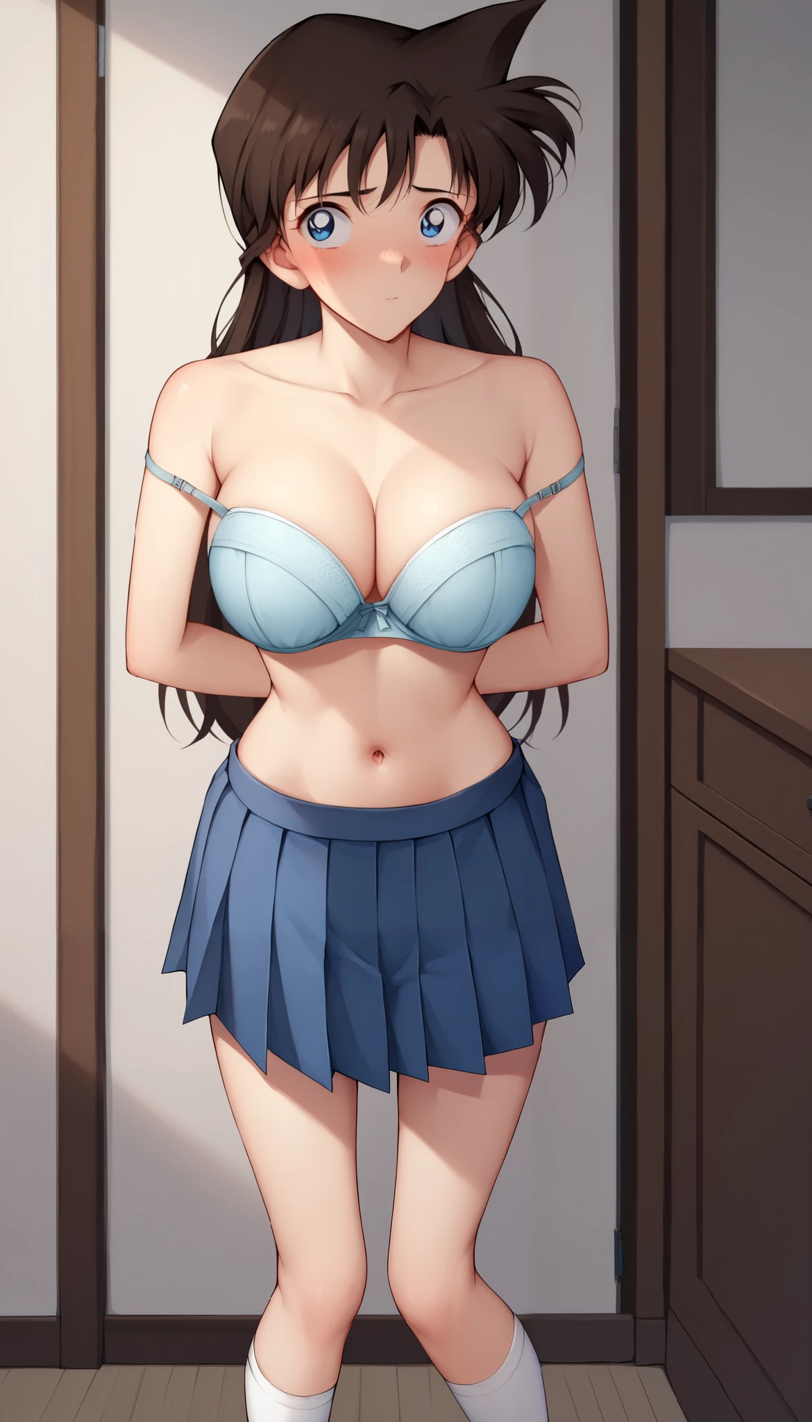 RanMoriDCXL, 1 girl, ran mori, detective conan, blue eyes, dark brown hair, blush, long hair, 1 pointed hair, bangs, ((thigh high socks:1.0)), large breasts, slender body, ((tall body:1.2)), ((long legs:1.0)), red face, ((hesitant)), ((shy pose)), embarrassed, ((panic eyes)), ((looking to the wall:1.2)), ((looking away)), wrinkle lips, blue pleated short skirt, white stockings, black shoes, solo, standing, indoors, front view, full body front view, straight front no angle, zoom out, ((hands at the back:1.2)), ((bare shoulders:1.8)), standing straight, cleavage, ((taking off bra:1.2)), ((pale light blue bra)), ((breasts out)), collarbone, ((expose full breasts)), ((bare naval)),((bare torso)), ((bare belly button)), flat stomach, slim waist, ((bra string fell down:1.2)), ((bra string undone)), ((bra string dropped))