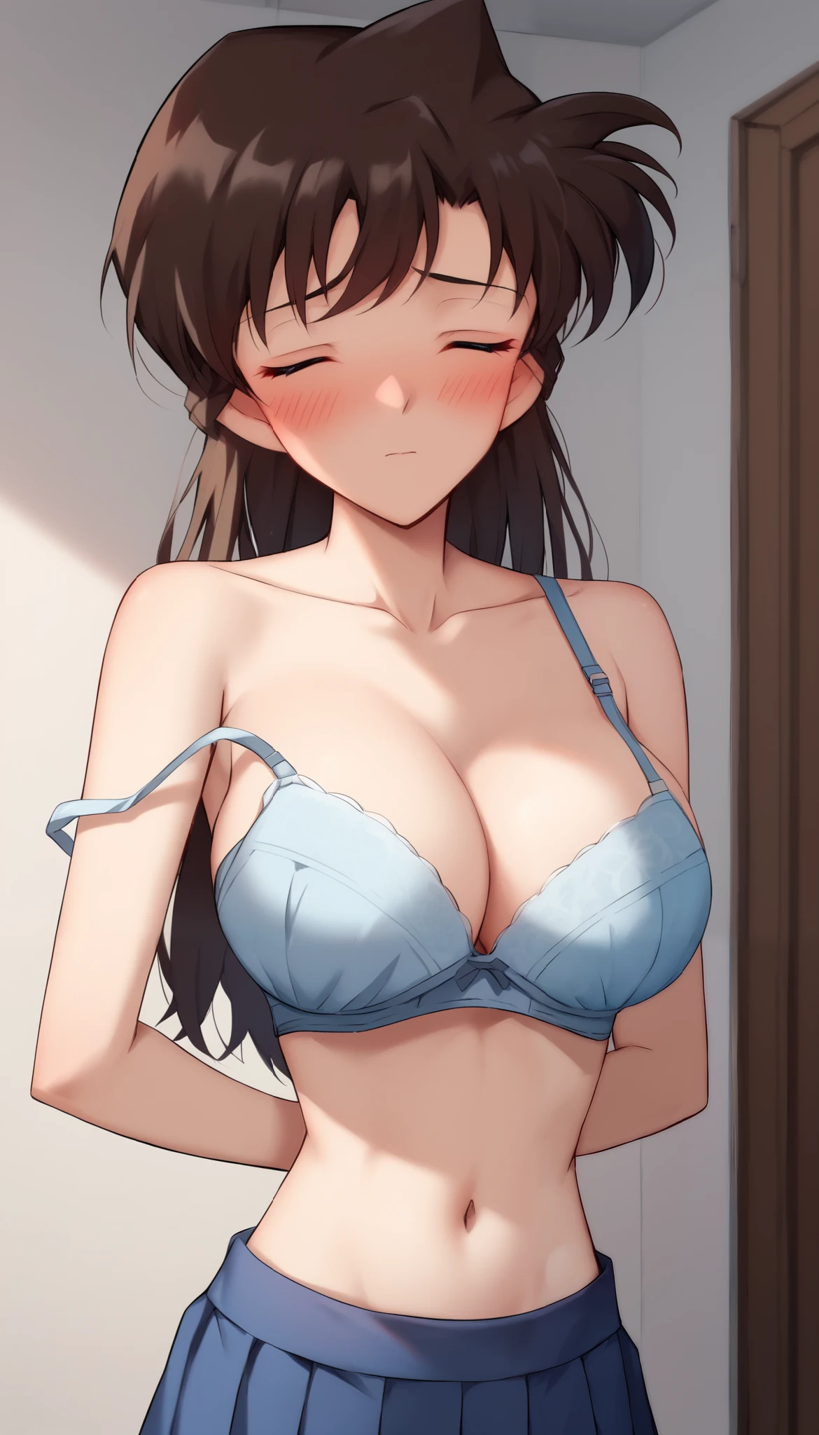 RanMoriDCXL, 1 girl, ran mori, detective conan, blue eyes, dark brown hair, blush, long hair, 1 pointed hair, bangs, large breasts, slender body, ((tall body:1.2)), ((red face:1.3)), ((hesitant)), ((shy pose)), embarrassed, ((panic)), ((eyes closed shut squint:1.2)), blue pleated short skirt, solo, standing, indoors, (front view:1.2), (half body front view:1.2), (straight front no angle:1.2), zoom out, ((hands at the back:1.2)), ((bare shoulders:1.9)), standing straight, cleavage, ((taking off bra:1.2)), ((pale light blue bra)), ((breasts out)), collarbone, ((expose full breasts)), ((bare naval)),((bare torso)), ((bare belly button)), flat stomach, slim waist, ((bra strap fell down:1.2)), ((bra strap undone:1.2)), ((bra strap dropped:1.2)), ((bra falling down))