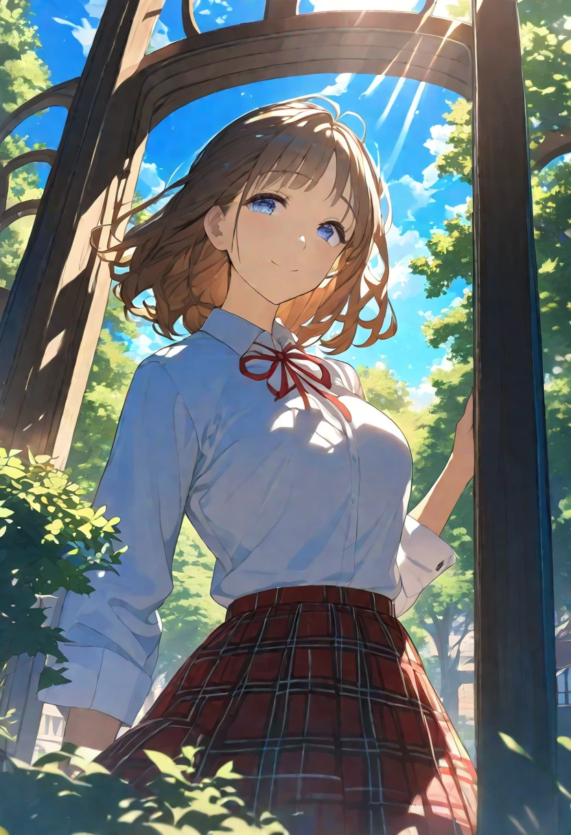 Nsfw, Masterpiece, hdr, bloom, 4k, Anime-style illustration featuring a beautiful female student, medium hair of warm brown, styled with blunt bangs that frame her face, she has a gentle, soft expression with large, slightly downturned eyes, giving her a calming and approachable aura, large breast, She is wearing a formal school uniform consisting of a black blazer, white shirt, red neck ribbon, red plaid skirt, and black pantyhose. reflecting her reserved but comforting personality, The background is a serene school courtyard during a sunny day, with trees, a blue sky, and soft sunlight filtering through, creating a peaceful and bright atmosphere. The style is detailed and vibrant, evoking a classic anime scene, cowboy shot, looking at viewer, smiling 