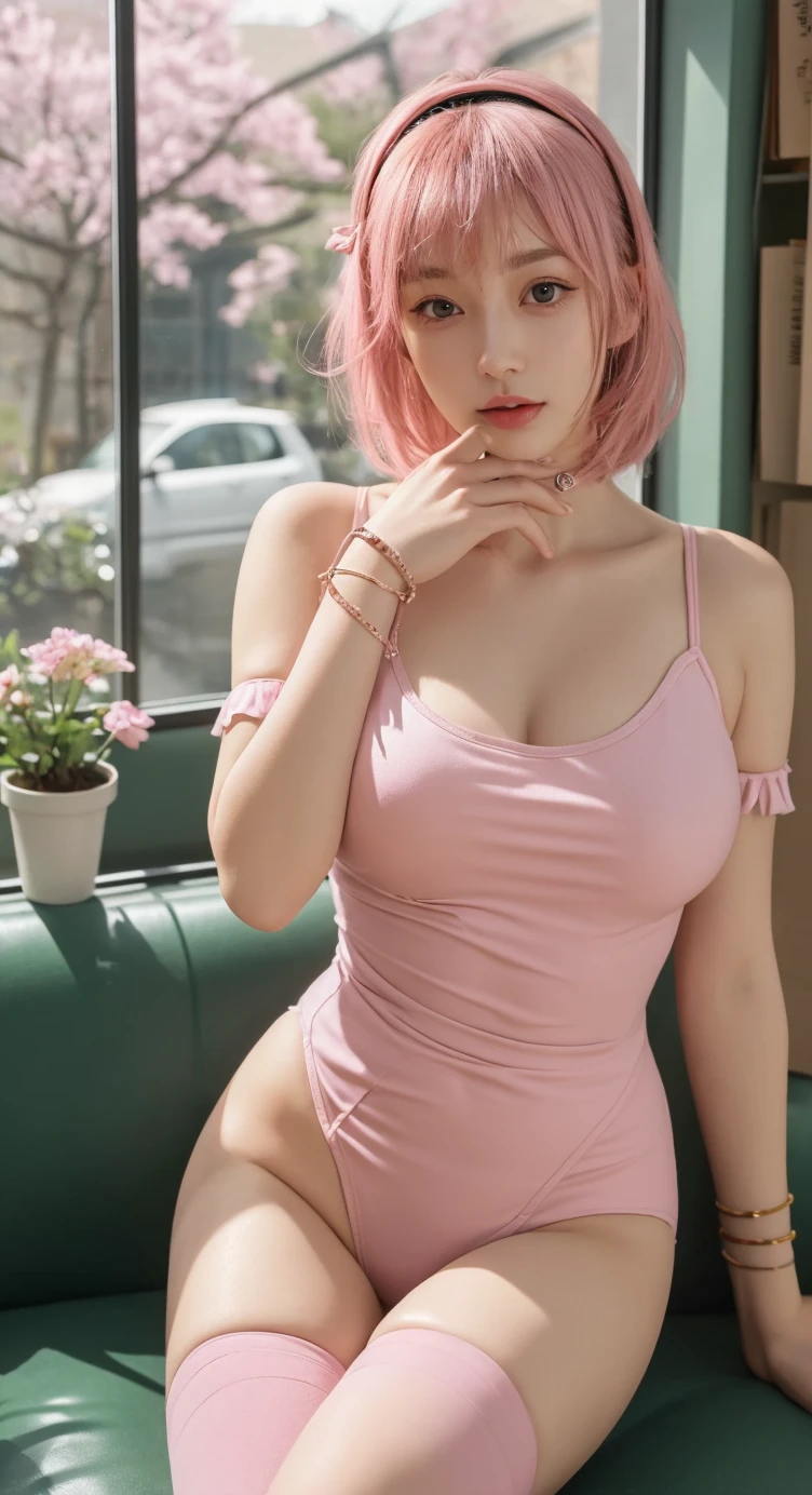 Milf, sexy fat, ultra detail, sexy body, cleavage, seductive expression, sexual expression, pink hair, detailed face, naked apron, lewd smile