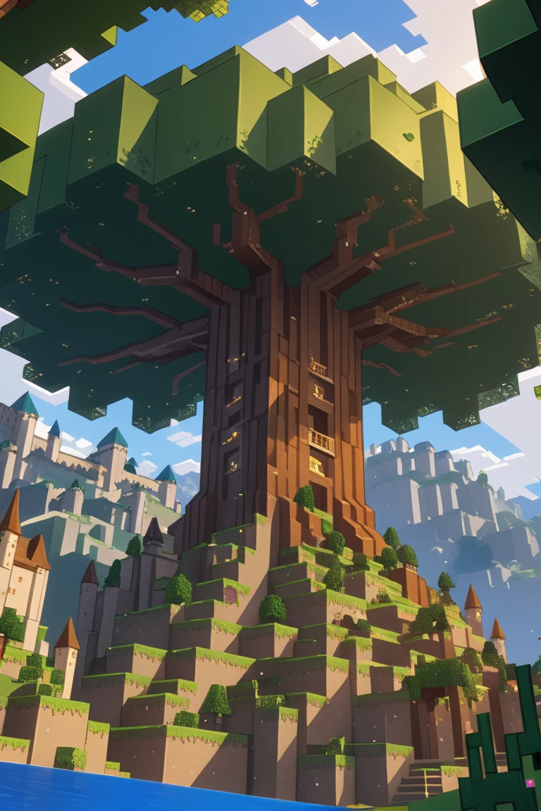 image of minecraft scenery,(minecralt style:1.5), epic gigantic Yggdrasil at center of the image,(viewed from below:1.5), trees , mountains , river, sky, clouds , castle on the mountain, mages must be of the highest quality with cinematic lighting and 16K resolution. Great attention to symmetry will be used to make the characters mysterious and alluring. Artwork must be a masterpiece that displays total perfection and amazing attention to detail, including macro details, voluminous light, realistic reflections on surfaces, and ultra-detailed textures. Utilize cinematic effects to enhance the overall visual impact. For best quality, images should be UHD and in sharp focus,,score_9, score_8_up, score_7_up, score_6_up, score_5_up, score_4_up,