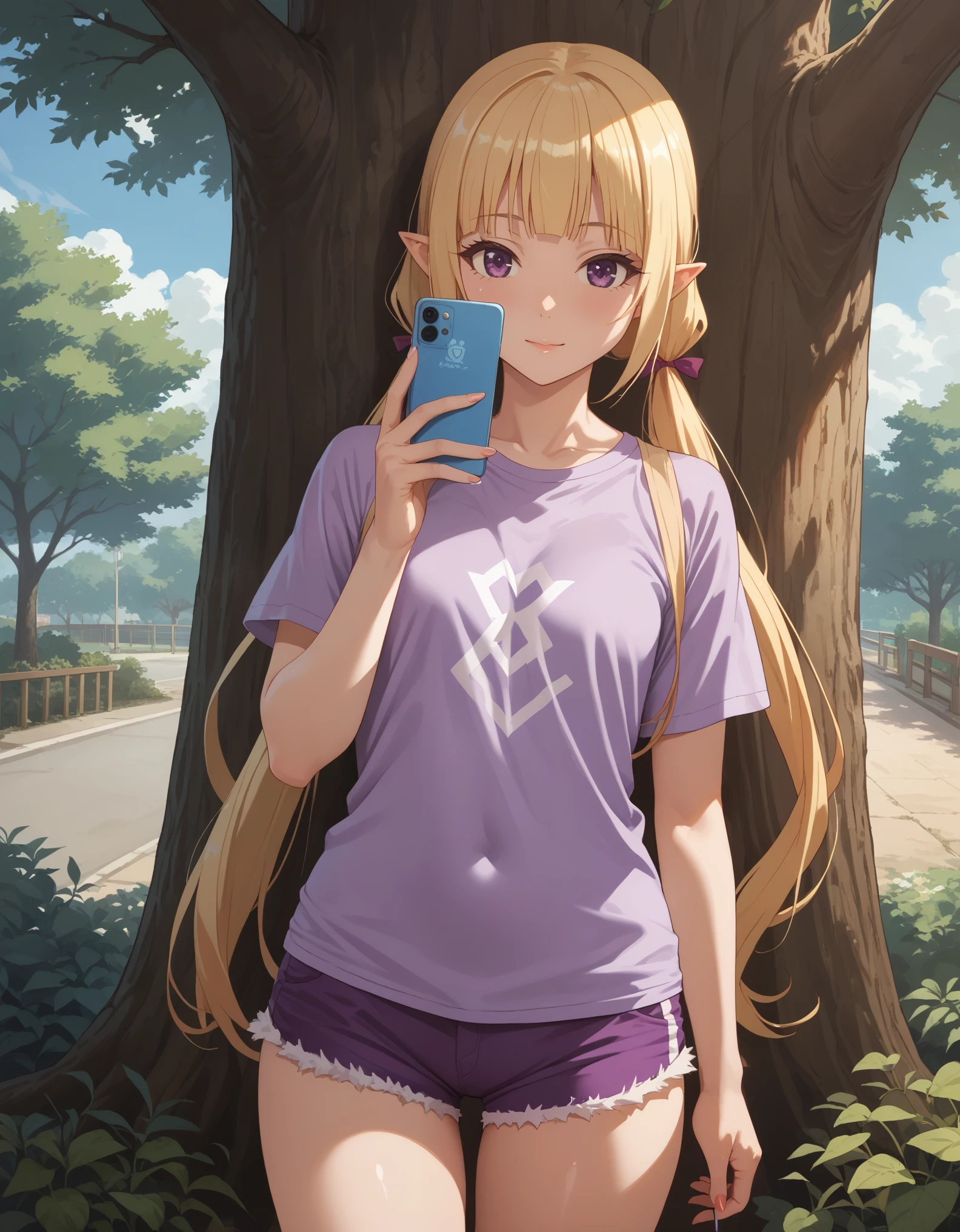 score_9, score_8_up, score_7_up, otoko no ko, solo, crossdressing, yuki \(princess connect!\), purple eyes, blonde hair, blunt bangs, long twin tails, pointy ears, purple t-shirt, short shorts, holding smartphone, wide shot, under tree,
BREAK,masterpiece, best quality,