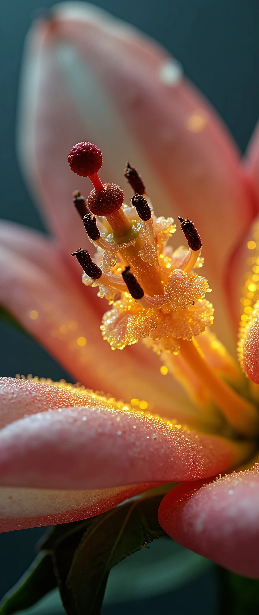 Close-up of stamens and pistils, pollen glowing and shining cosmically.very carefully described. very high resolution photo. Great focus. great bokeh. the most beautiful photo in the world.great camera work,dynamic camera work,great angle,very beautiful lighting.