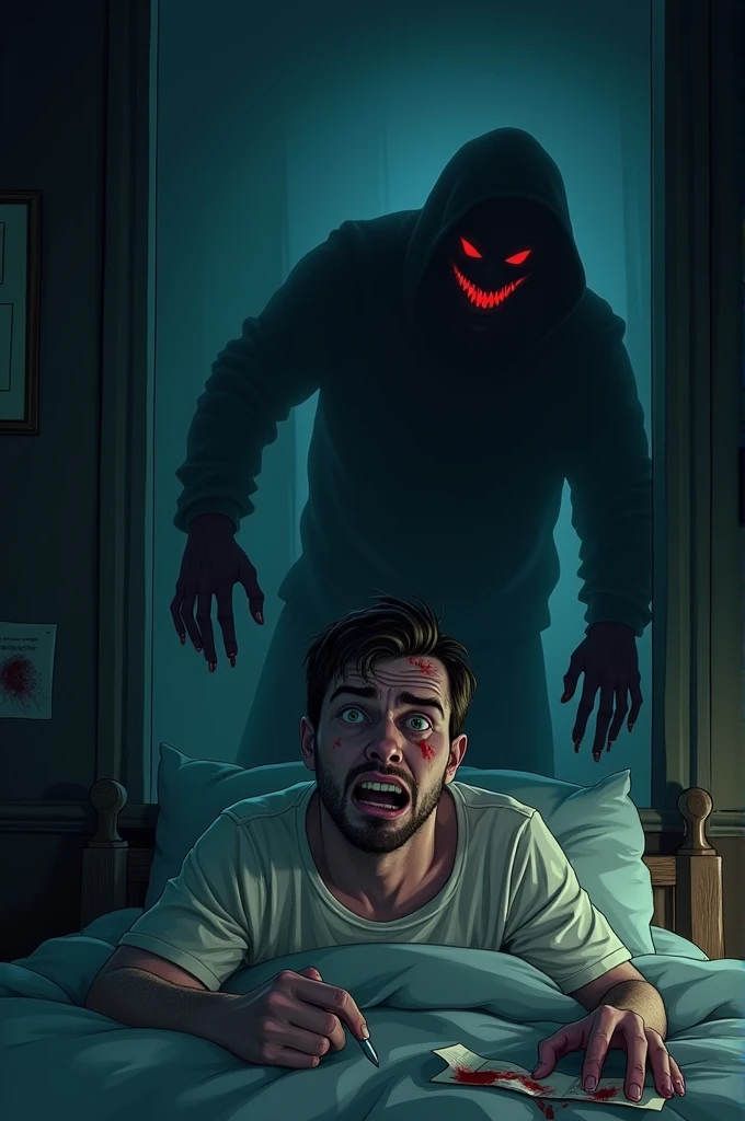 A boy who is very afraid,who has half her face under the blanket, on the bet true.
Behind his bed stretches a dark creature with blue shining eyes and black lips, who is lying with his hands next to the boy on the white mattress