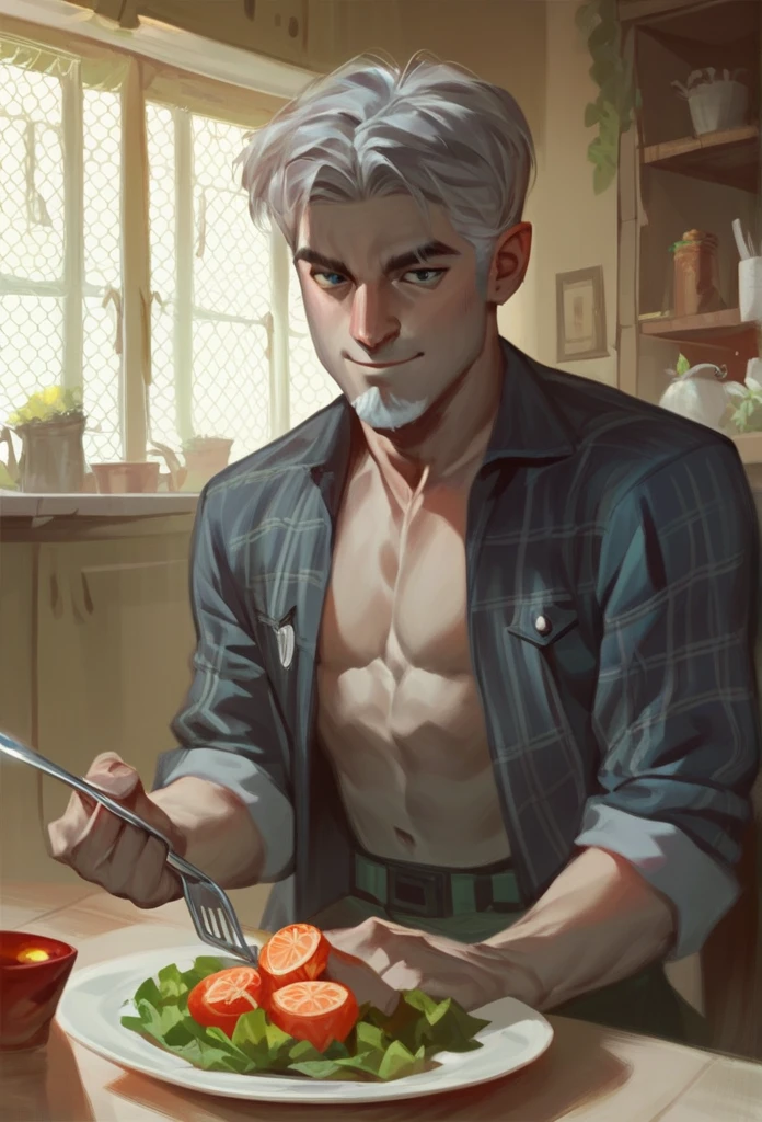 Italian man. Gray hair. Making dinner.In the kitchen. 